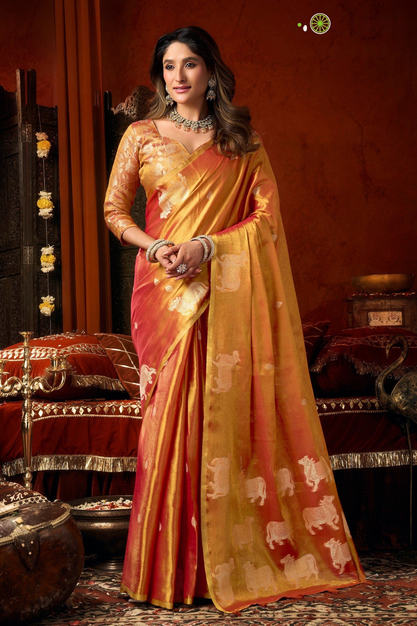 Buy MySilkLove Vivid Orange Handloom Tissue Saree Online