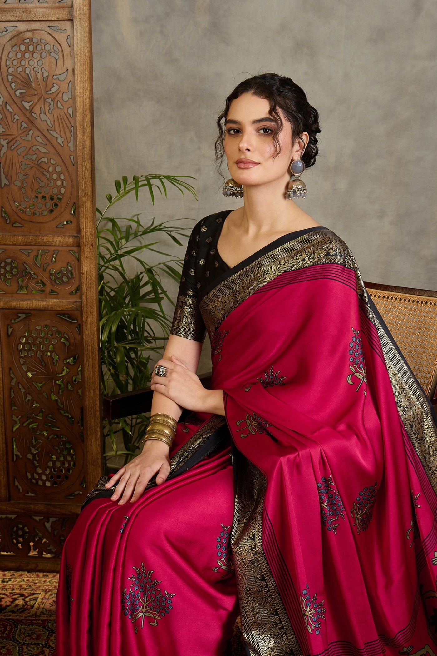 Buy MySilkLove Auburn Red and Black Printed Satin Crepe Silk Saree Online