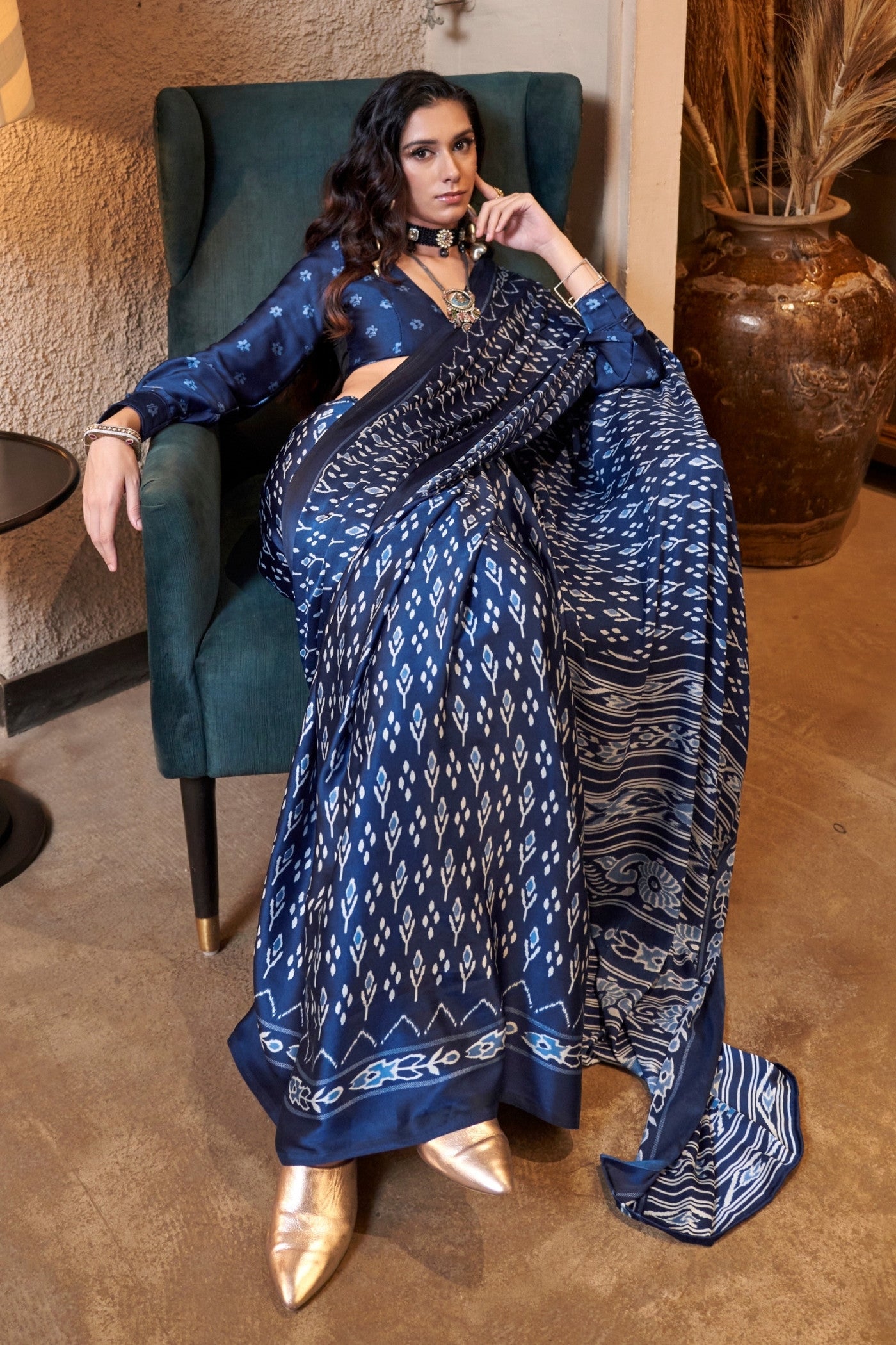 MySilkLove Egyptian Blue Patola Printed Satin Crepe Saree