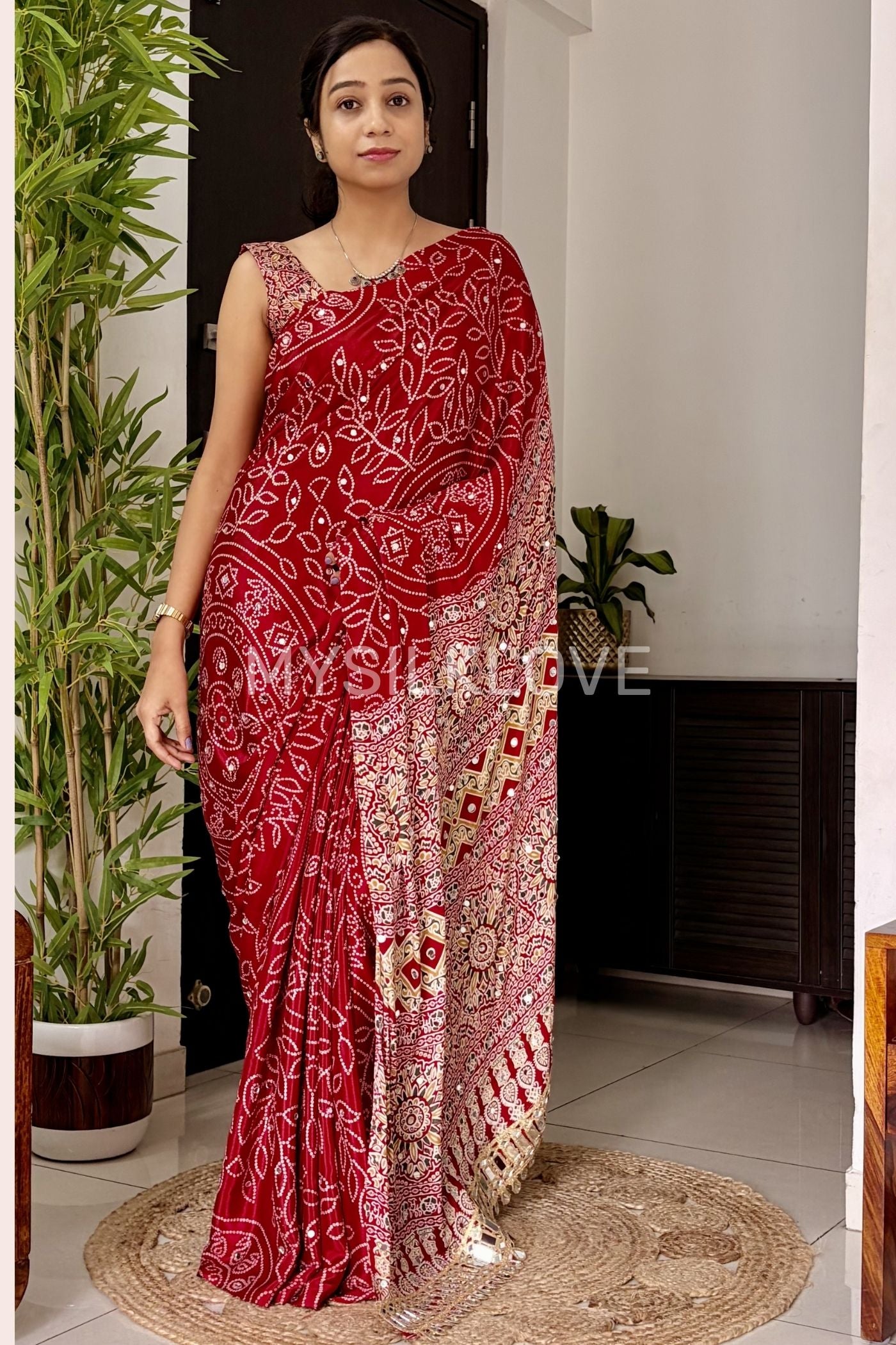 Buy MySilkLove Ruby Red Bandhani Fusion Ajrakh Pallu Mirror Work Saree Online