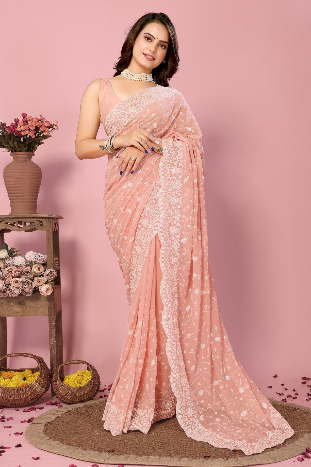 Buy MySilkLove Melon Peach Georgette Embroidered Silk Saree Online