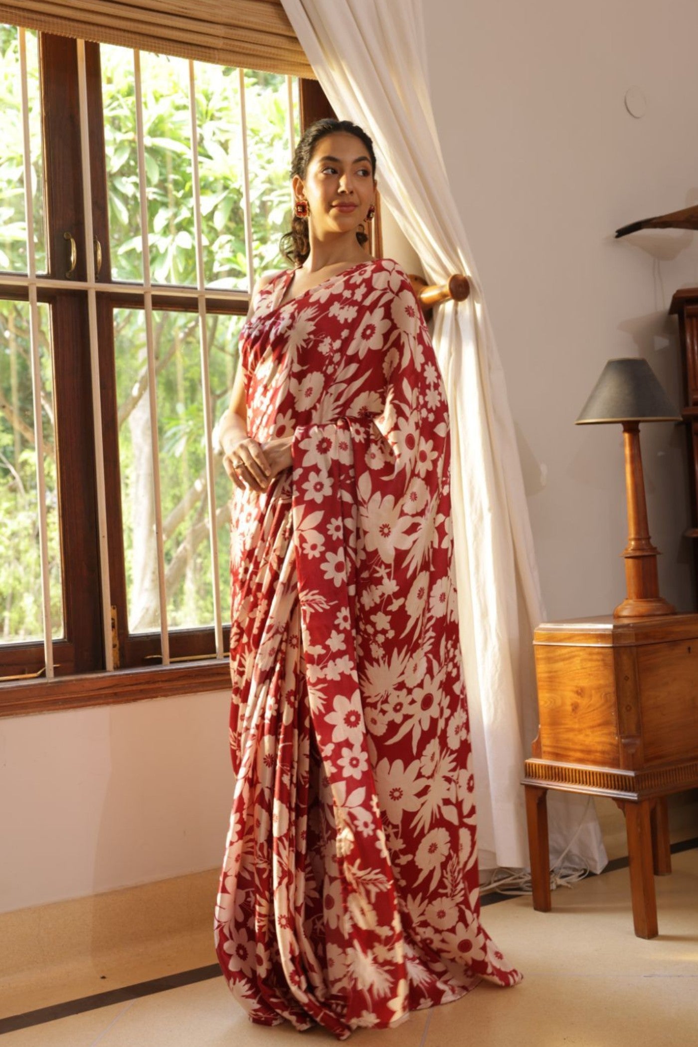 Buy MySilkLove Royal Maroon Floral Printed Satin Silk Saree Online