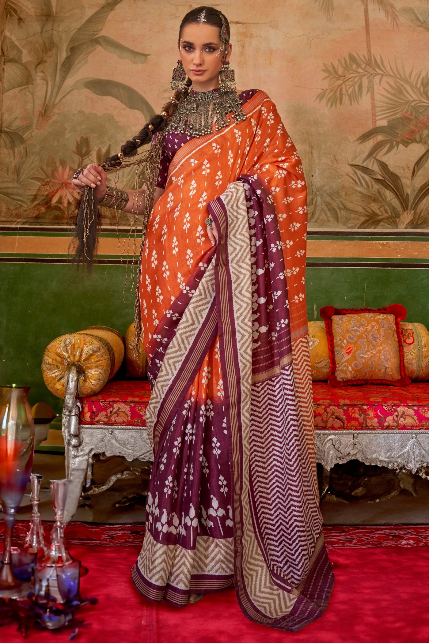 Buy MySilkLove Flamingo Orange and Brown Printed Patola Saree Online