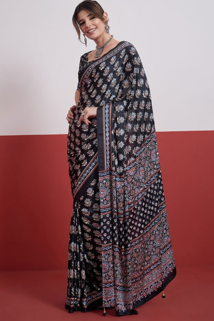 Buy MySilkLove Ebony Black Modal Ajrakh Satin Printed Mirror Work Saree Online