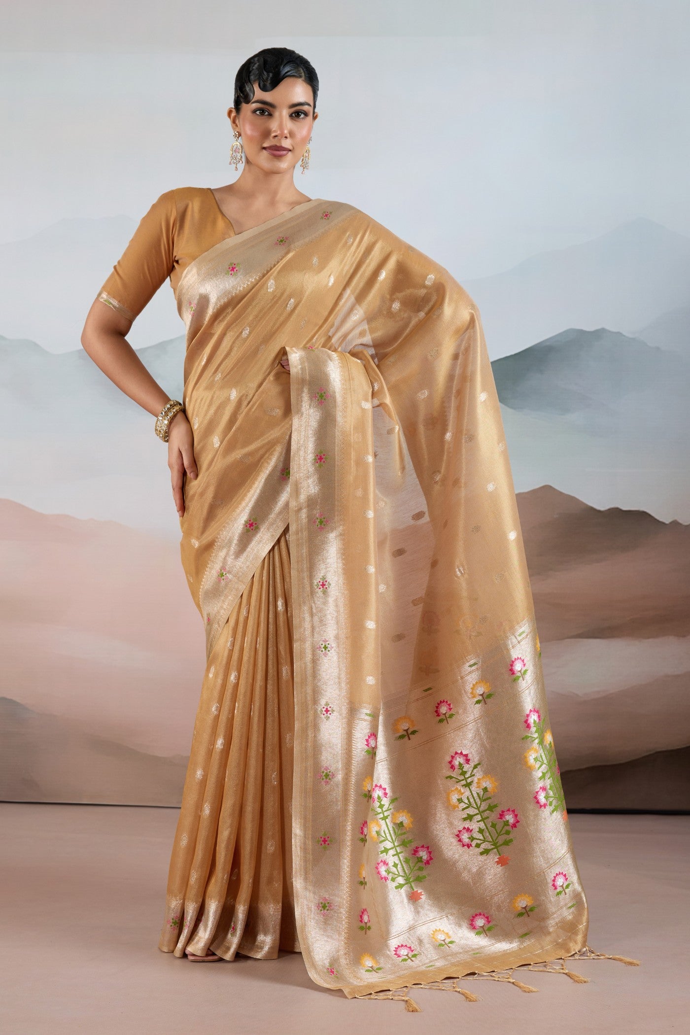 Buy MySilkLove Citrus Orange Zari Woven Tissue Paithani Saree Online