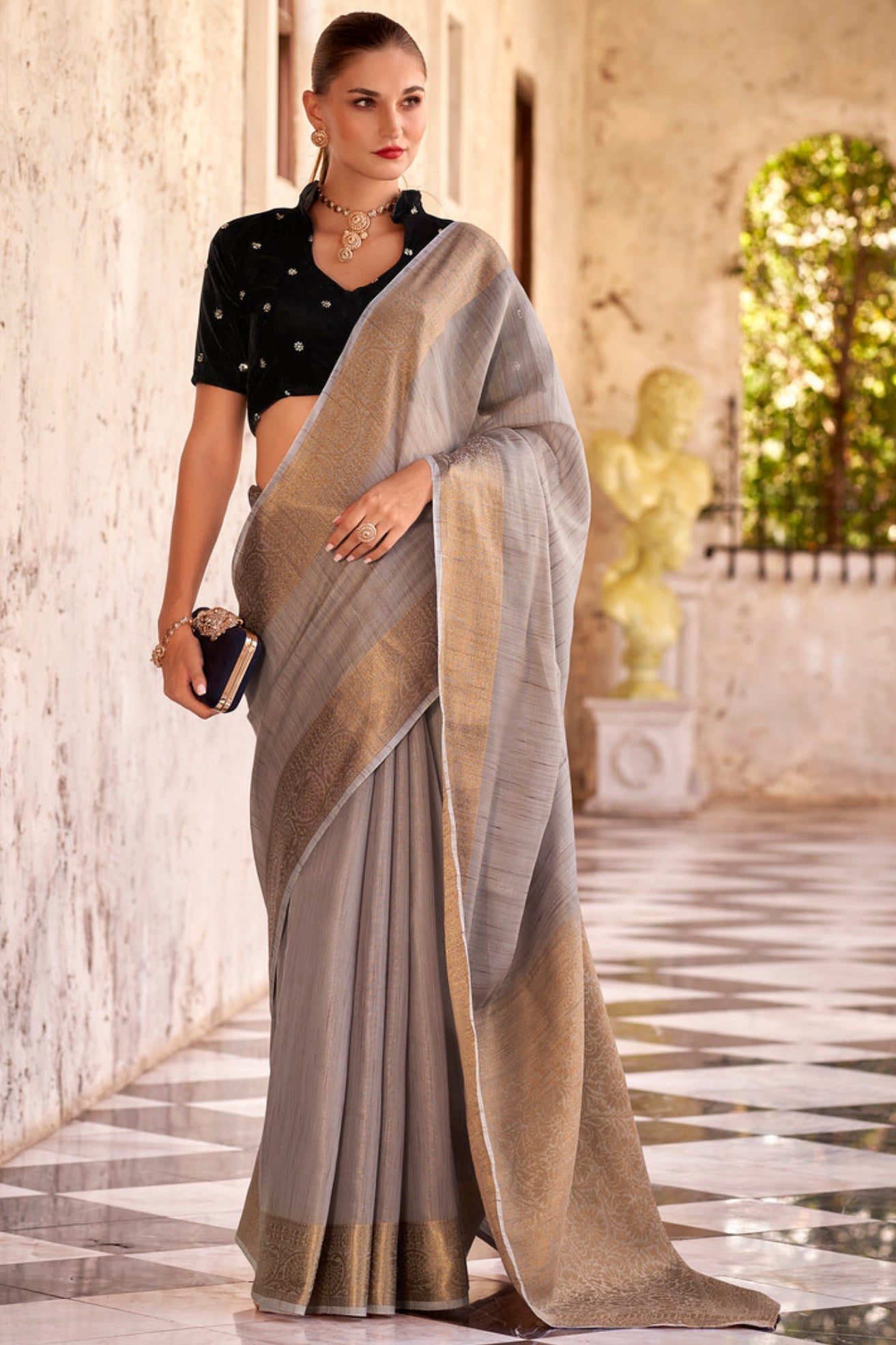 Buy MySilkLove Hemp Grey Zari Woven Linen Saree Online