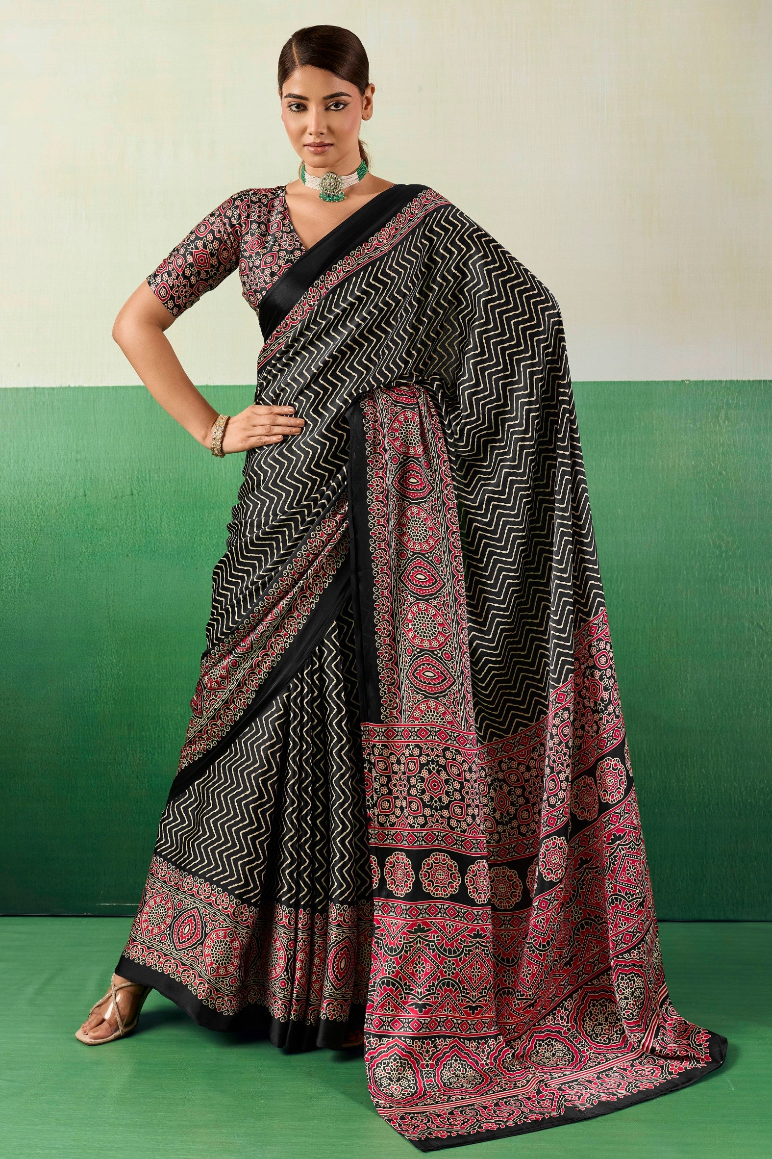 Buy MySilkLove Violet Black Modal Ajrakh Satin Printed Silk Saree Online