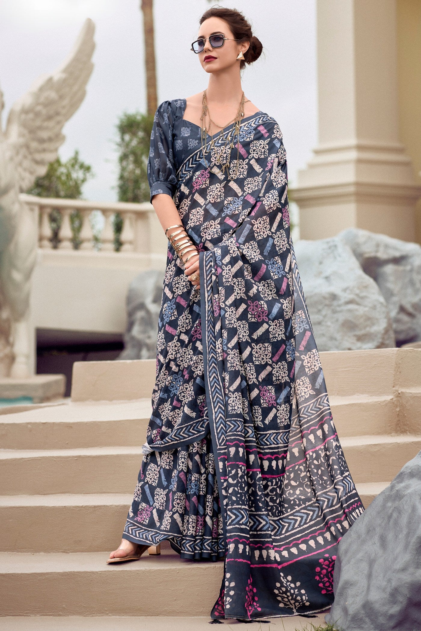 Buy MySilkLove Gun Powder Blue Mul Mul Cotton Saree Online