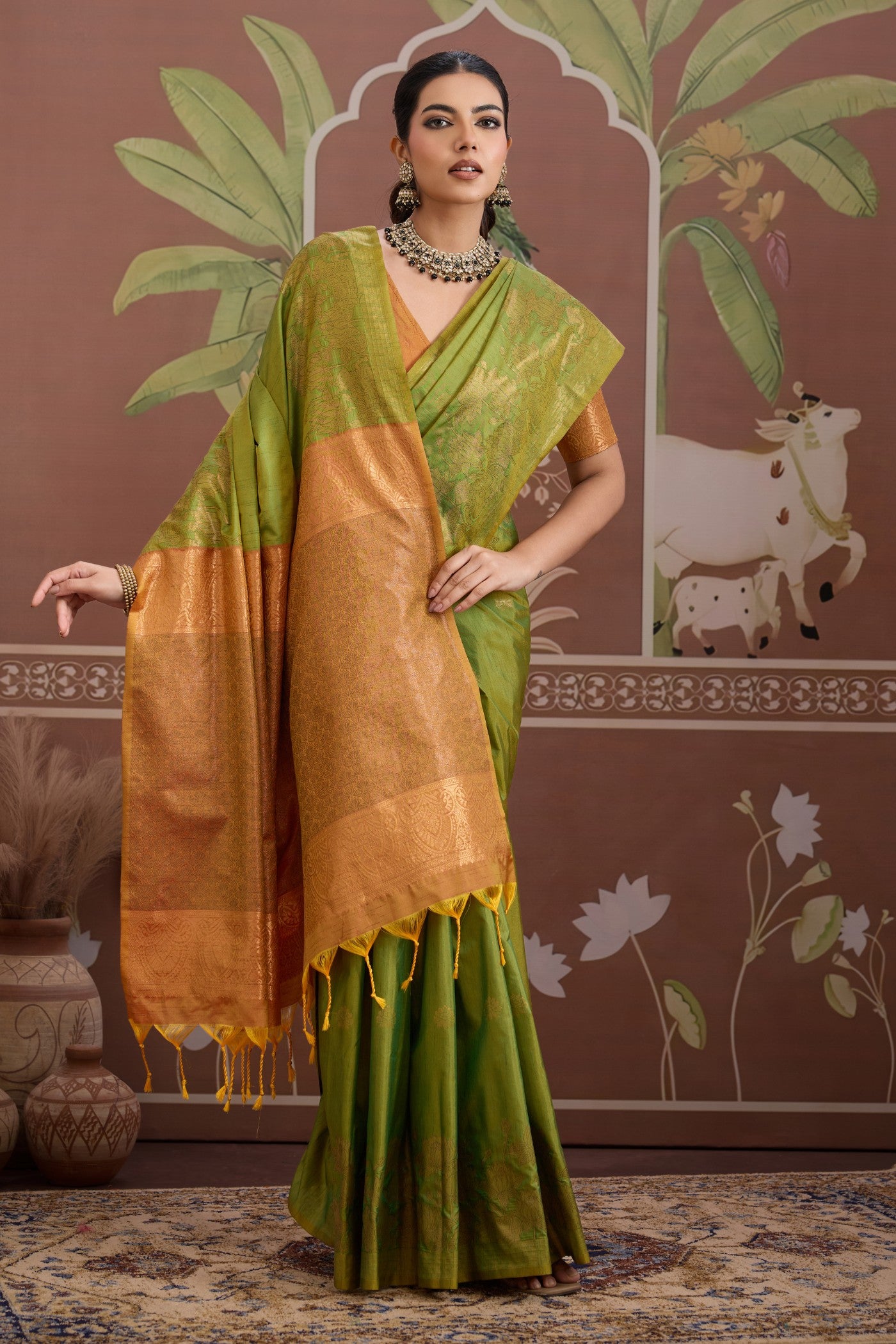 Buy MySilkLove Charteuse Green Banarasi Handloom Tussar Saree Online