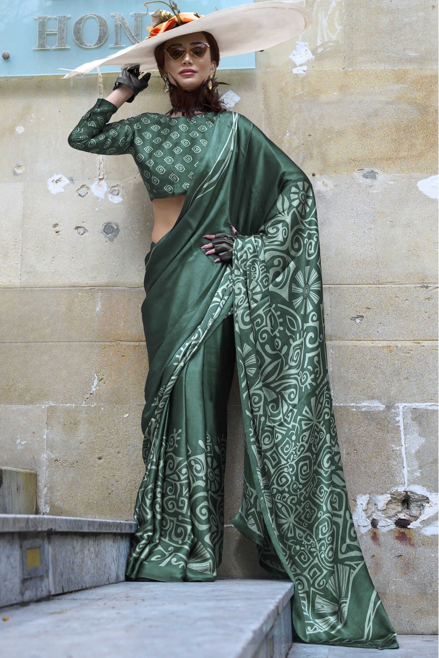 Buy MySilkLove Luster Green Printed Satin Crepe Silk Saree Online