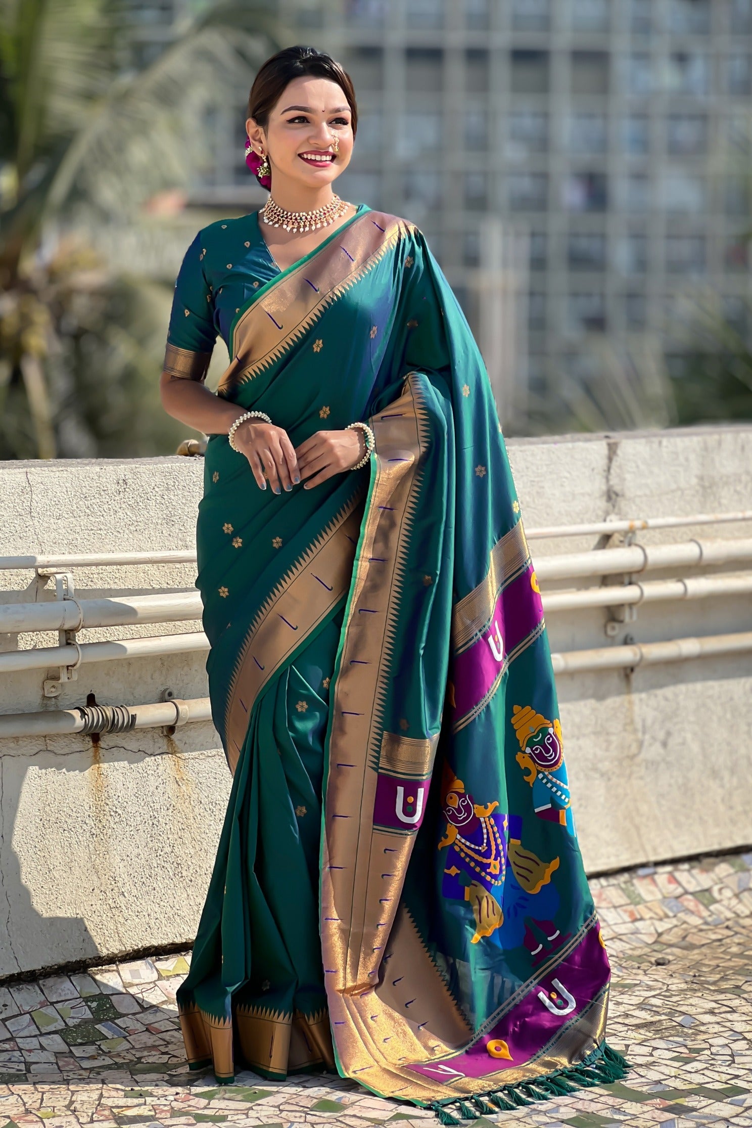 Buy MySilkLove Elephant Green Woven Paithani Saree Online