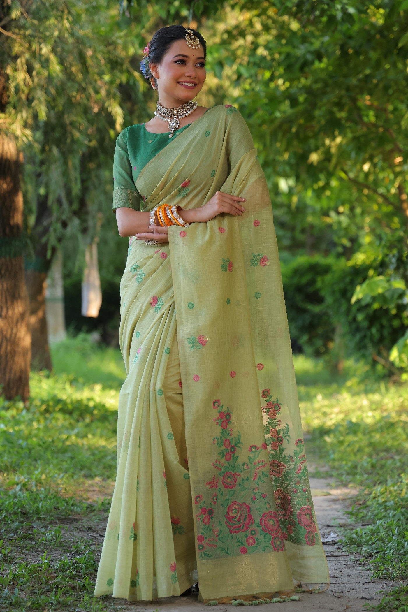 Buy MySilkLove Primrose Green Muga Cotton Saree Online