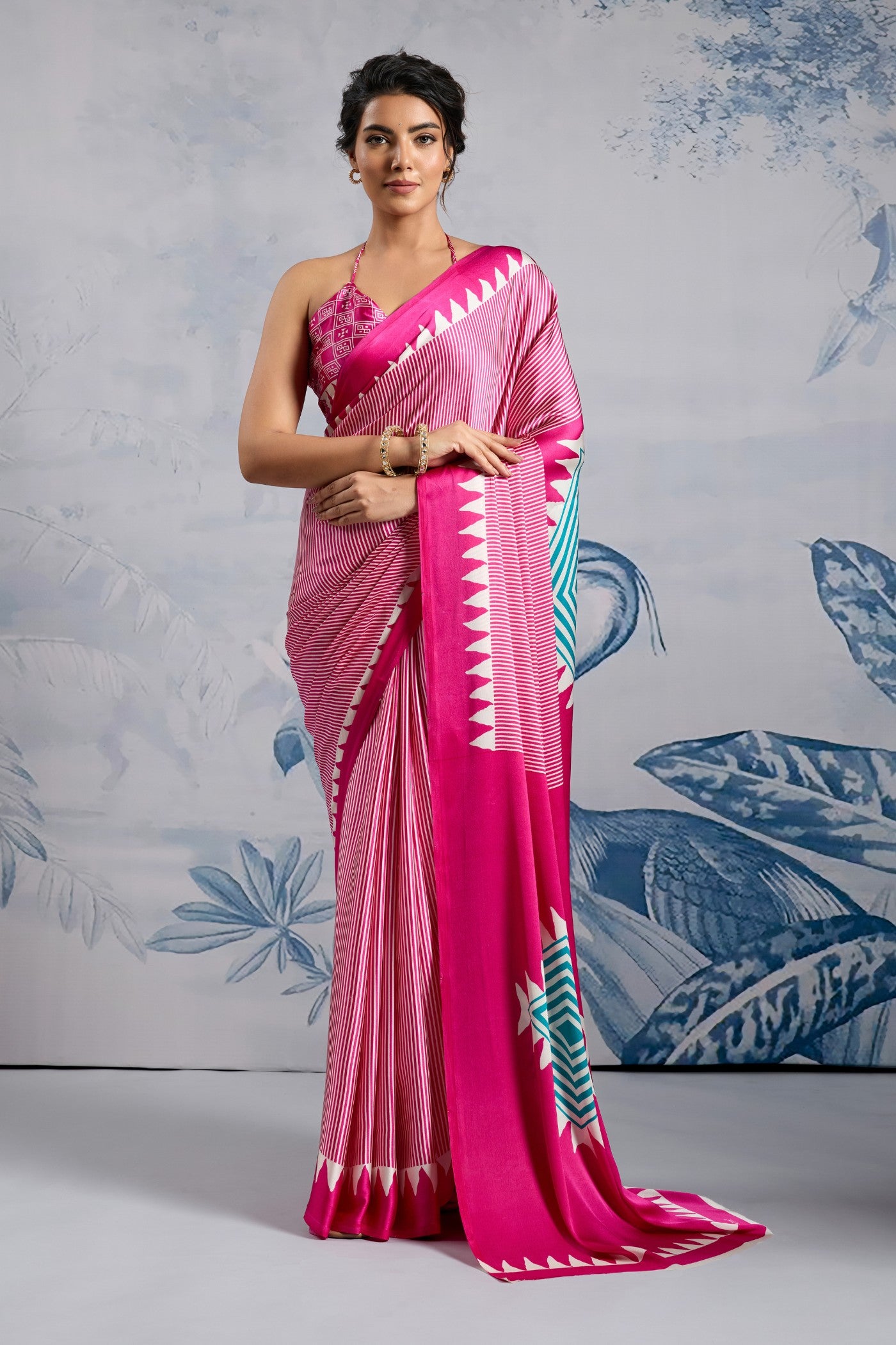 Buy MySilkLove Erica Pink Stripe Ajrakh Printed Satin Crepe Silk Saree Online