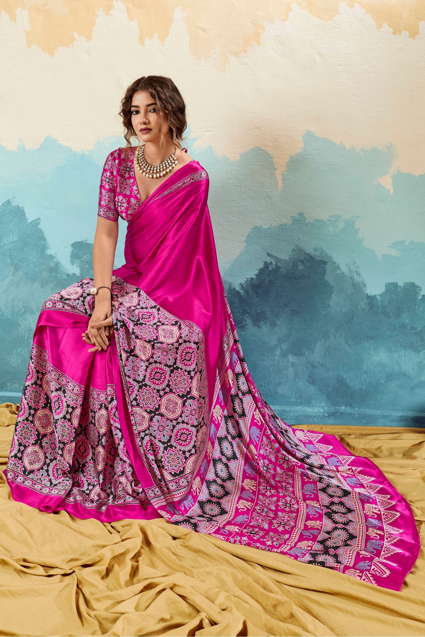 Buy MySilkLove Bubblegum Pink Modal Ajrakh Satin Printed Silk Saree Online