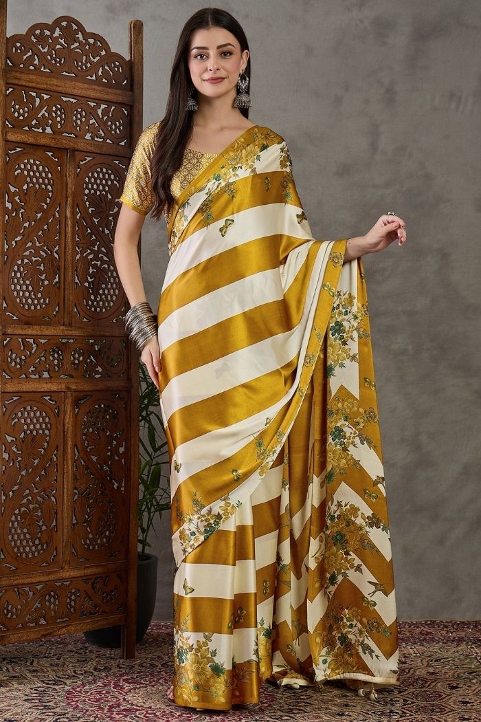 Buy MySilkLove Tulip Yellow Stripe Printed Floral Satin Gaji Silk Saree Online