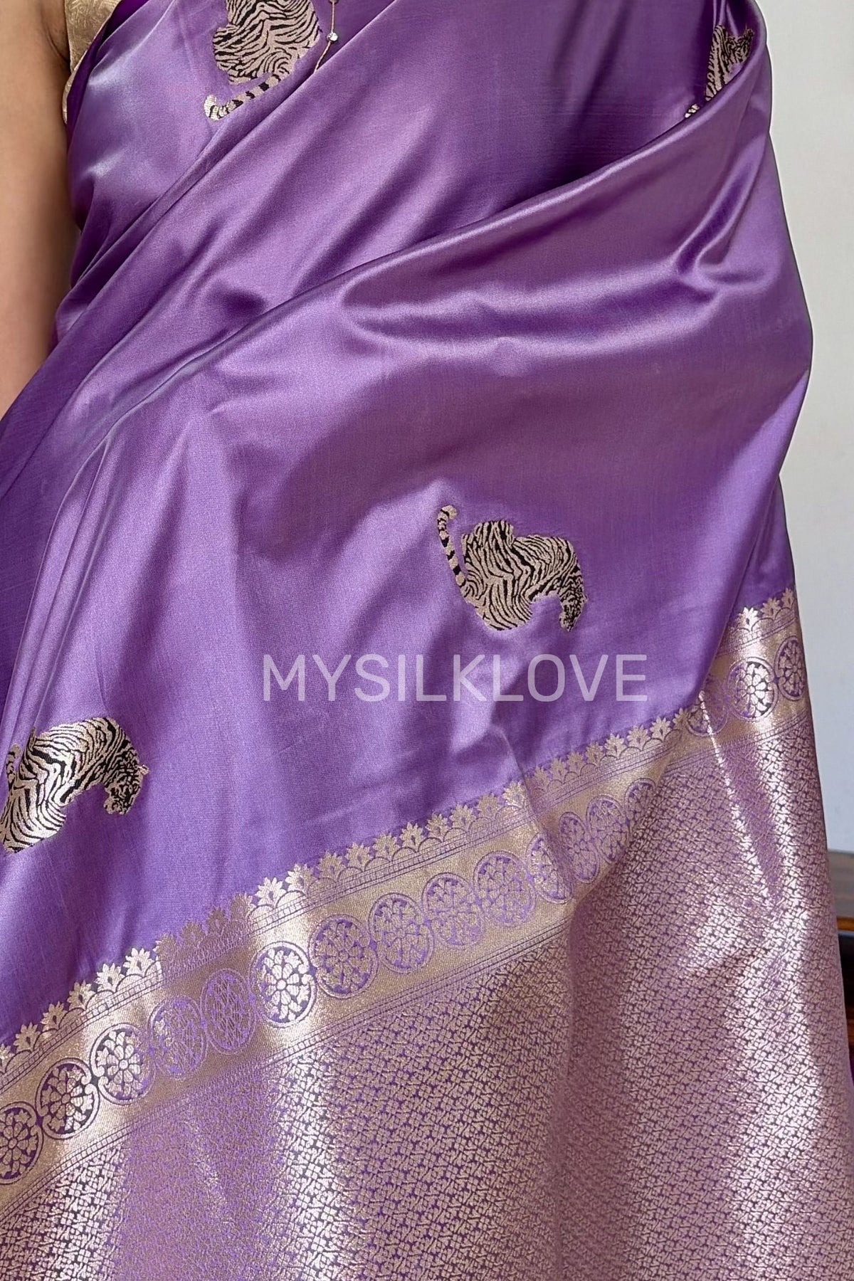 Buy MySilkLove Wisteria Purple Tiger Print Satin Woven Saree Online