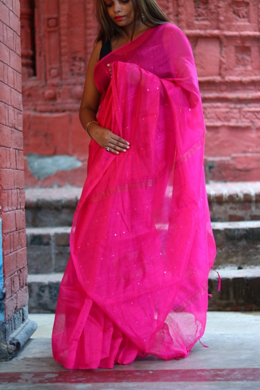 Buy MySilkLove Magenta Pink Cotton Sequence Chumki Saree Online