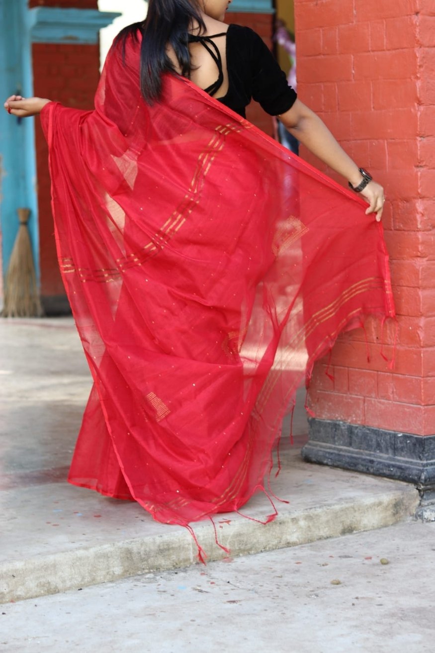 Buy MySilkLove Tamarillo Red Cotton Sequence Chumki Saree Online