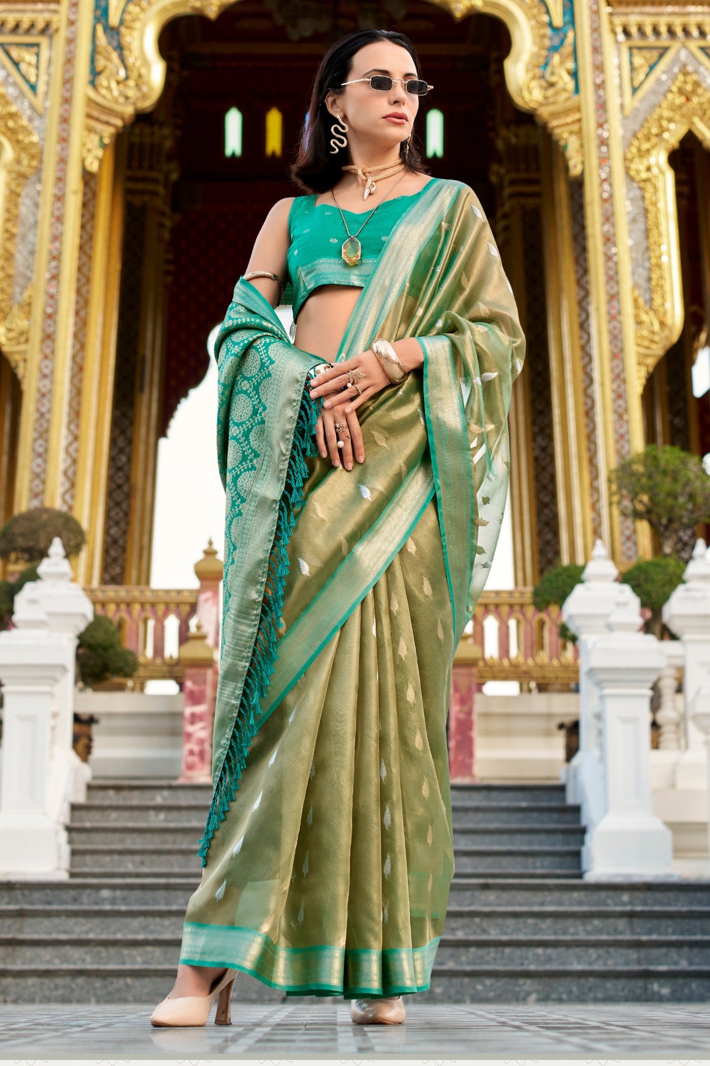 Buy MySilkLove Sapling Green Tissue Silk Saree Online