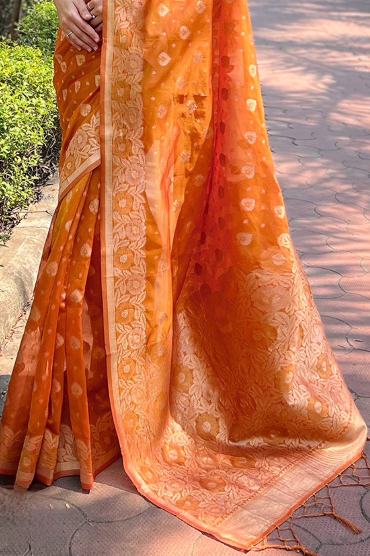 Buy MySilkLove Tan Orange Zari Woven Organza Saree Online