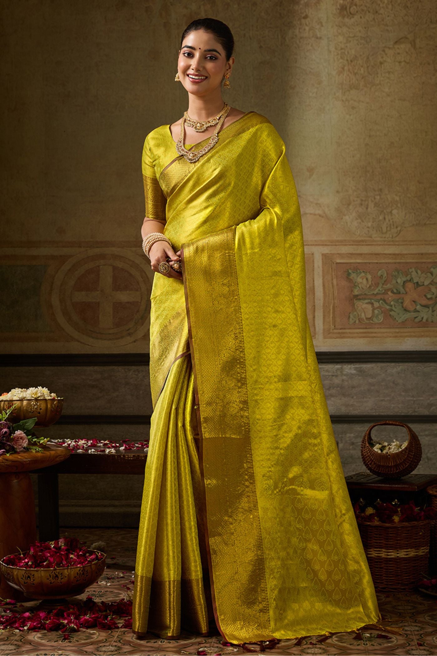 Buy MySilkLove Maize Green Woven Kanjivaram Saree Online