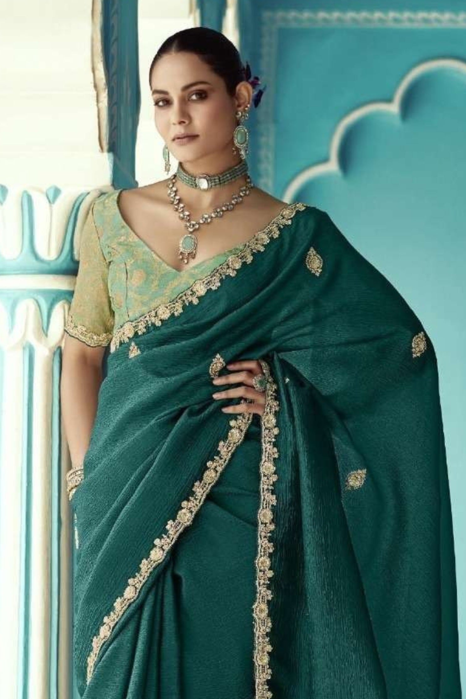 Buy MySilkLove Sherwood Green Embroidered Tissue Designer Saree Online