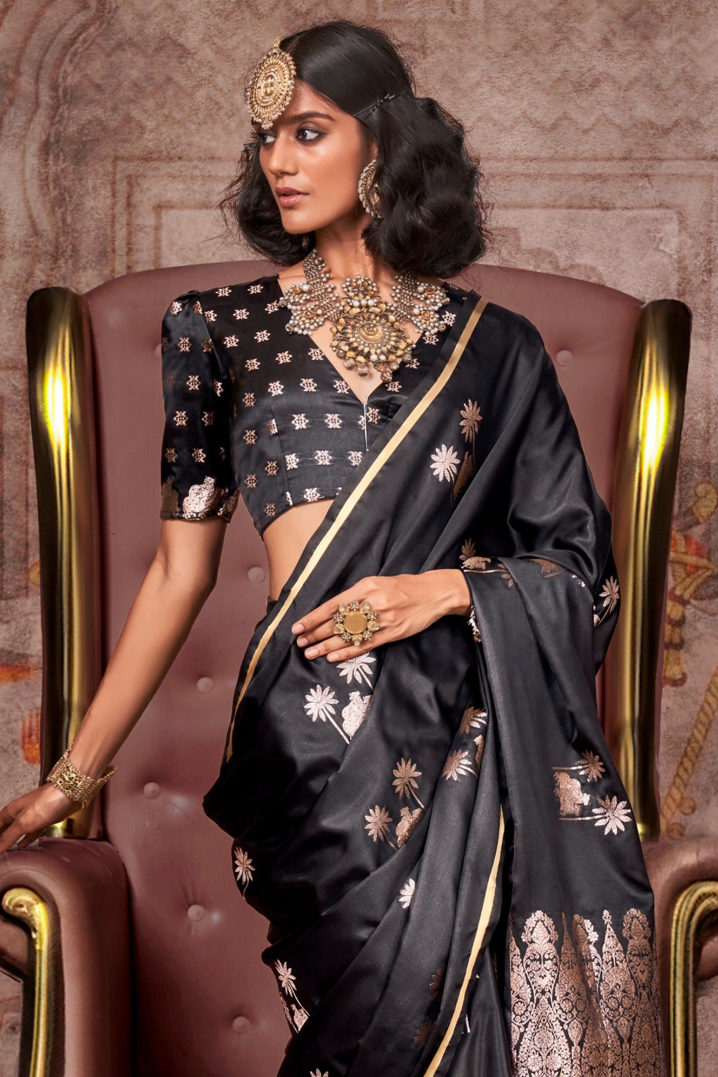 Buy MySilkLove Tuna Black Banarasi Pichwai Satin Saree Online