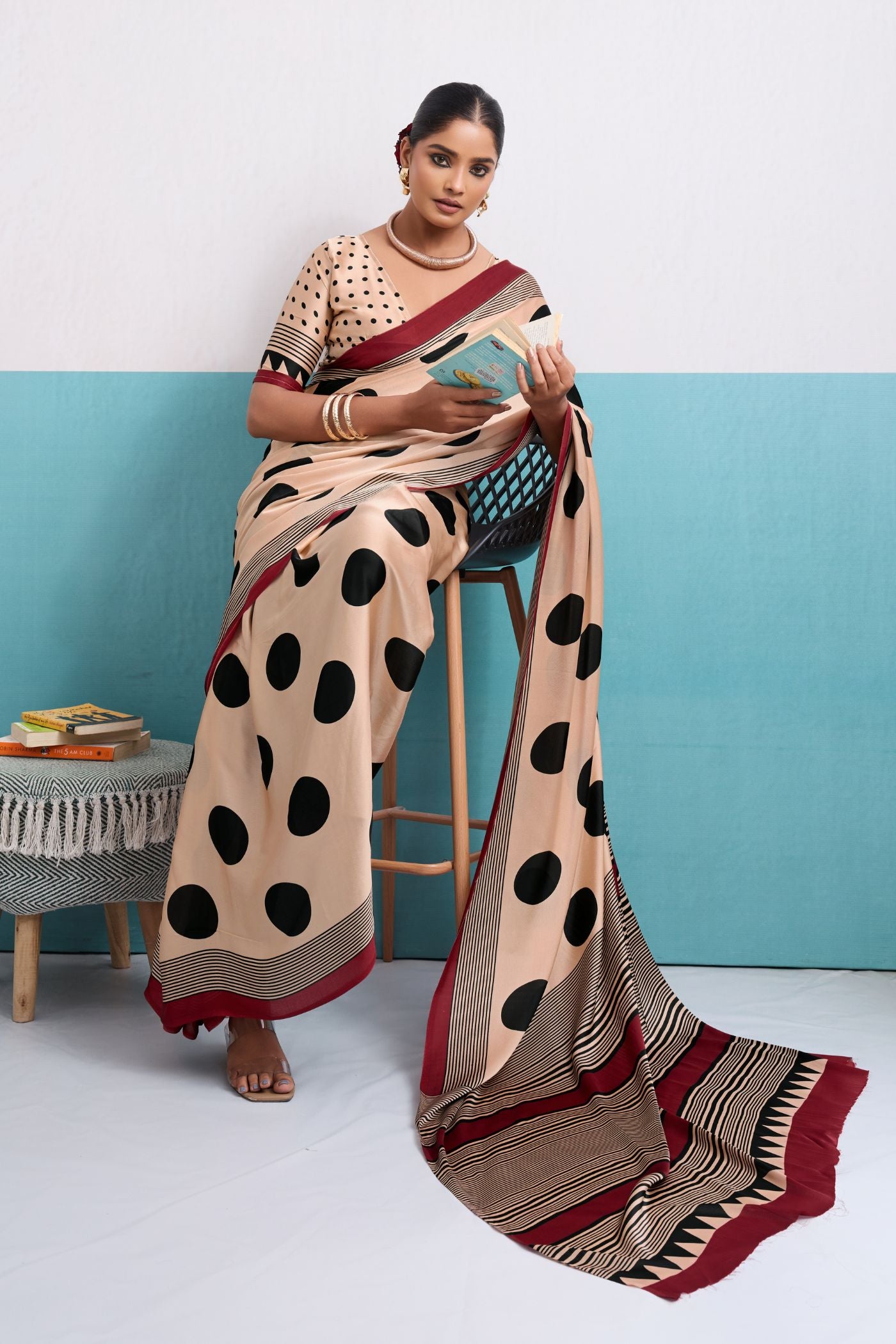 Buy MySilkLove Heavenly Cream and Black Polka Dots Satin Crepe Saree Online
