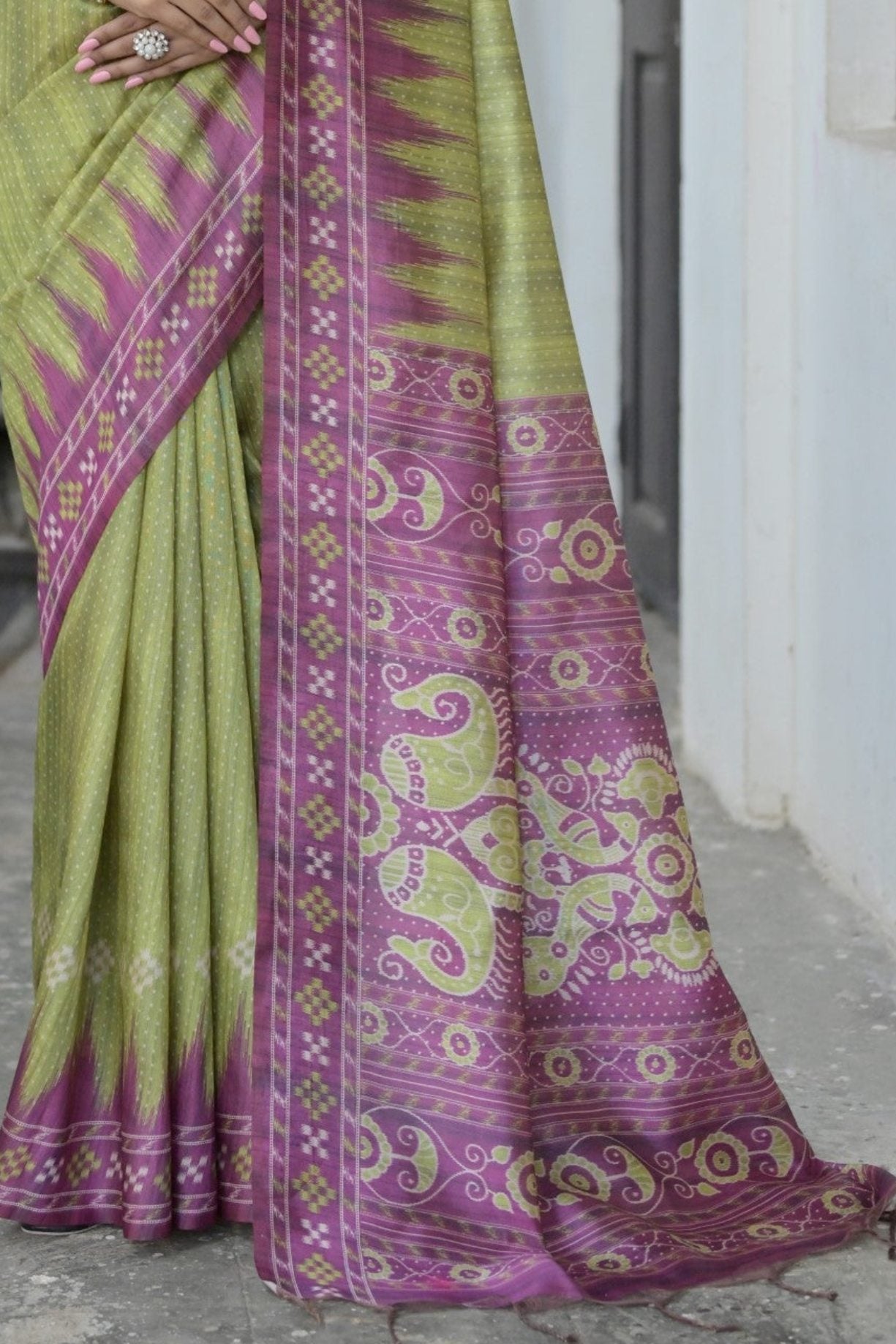 Buy MySilkLove Smoke Green and Purple Printed Tussar Silk Saree Online