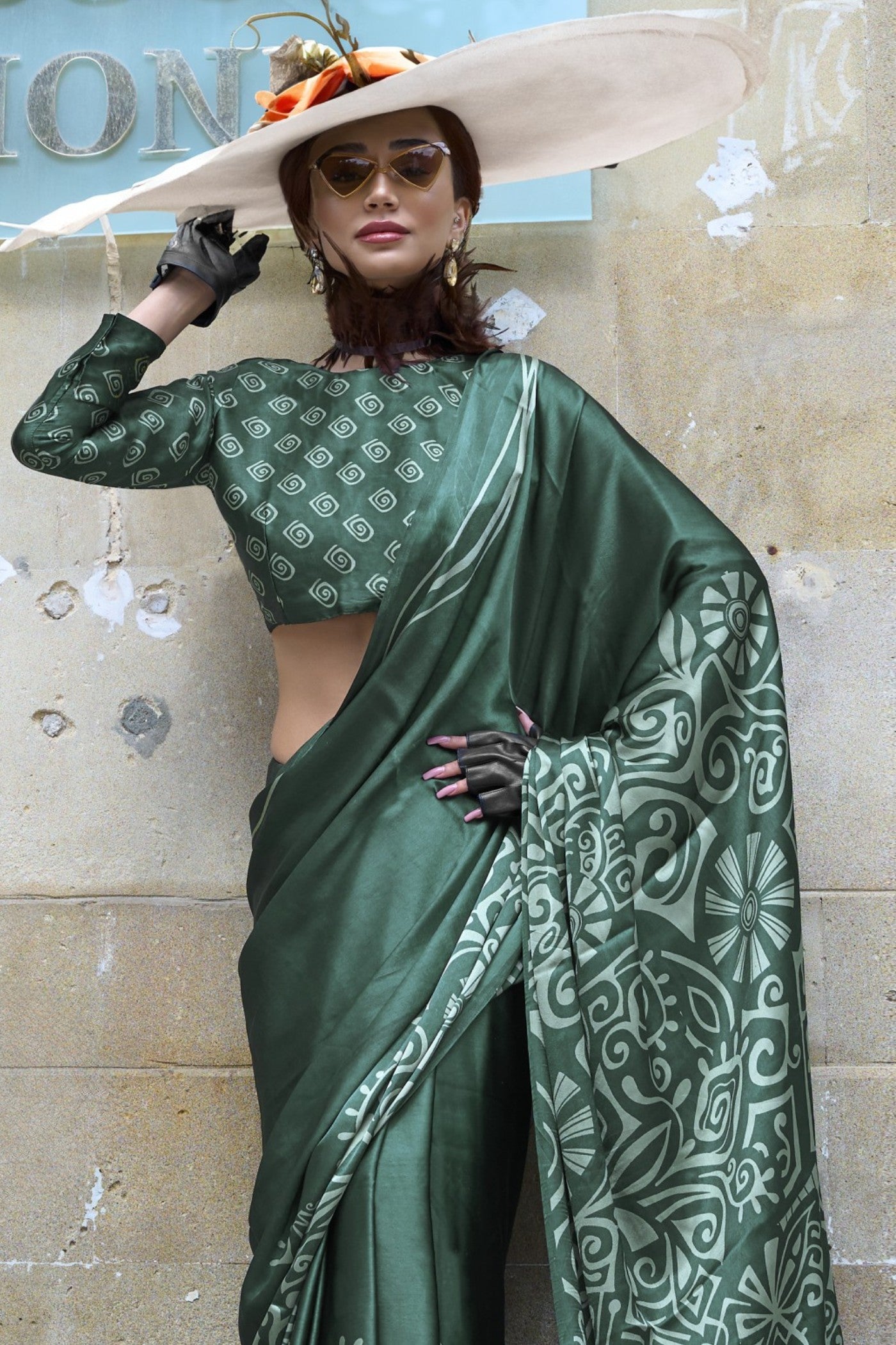 Buy MySilkLove Luster Green Printed Satin Crepe Silk Saree Online