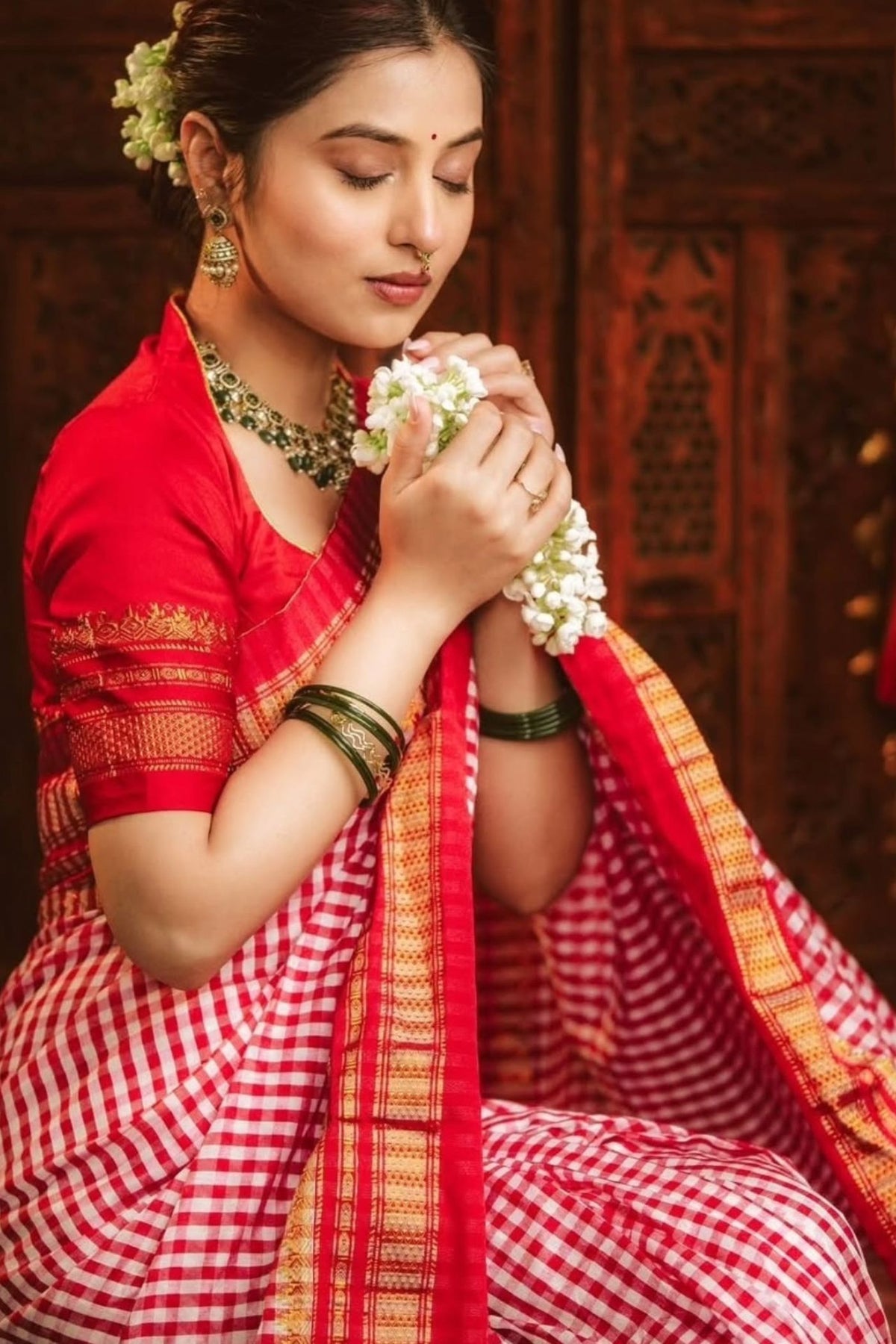 Buy MySilkLove Scarlet Red Checks Pattern Pure Silk Irkal Saree Online