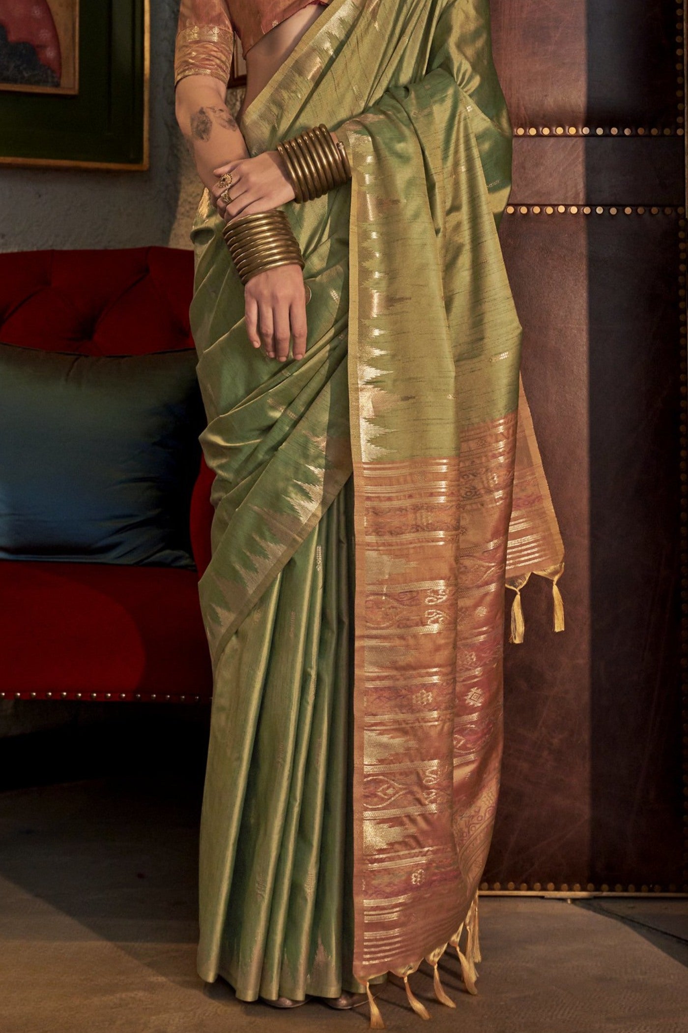 Buy MySilkLove Mineral Green Woven Linen Saree Online