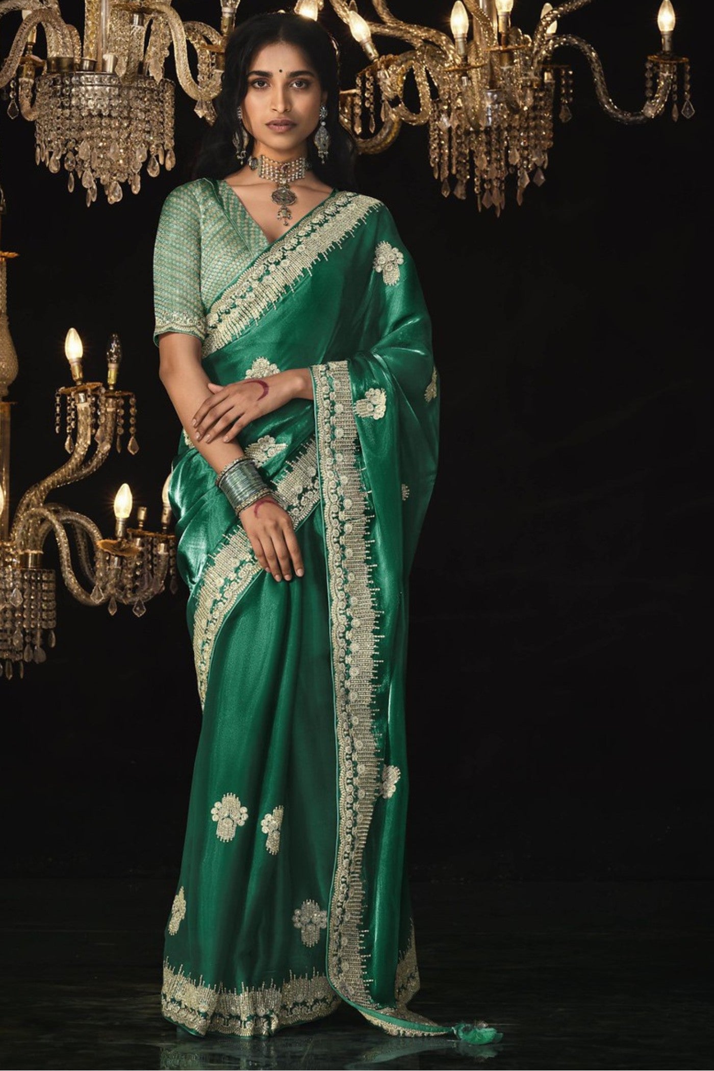 Buy MySilkLove Hunter Green Tissue Embroidered Designer Saree Online