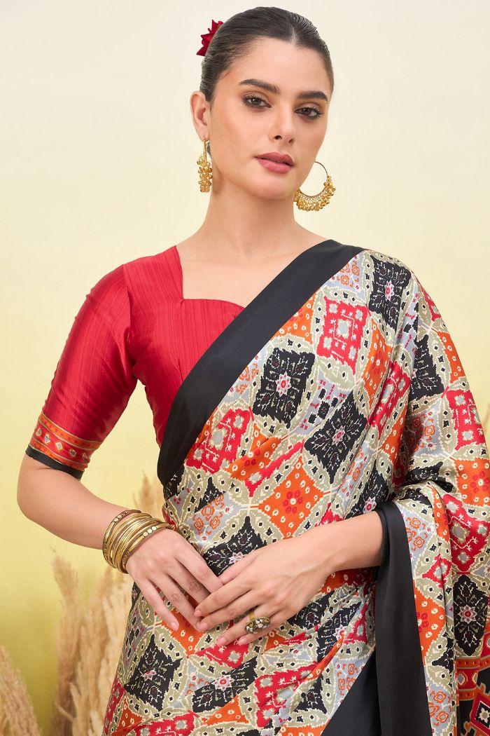 Buy MySilkLove Rio Black and Cream Patola Printed Satin Crepe Silk Saree Online