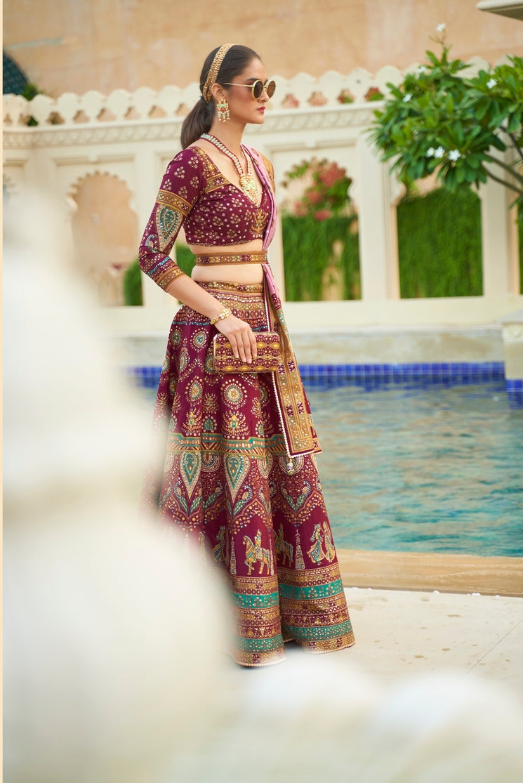 Buy MySilkLove Coral Maroon Woven Lehenga Choli With Heavy Embroidery Work Online