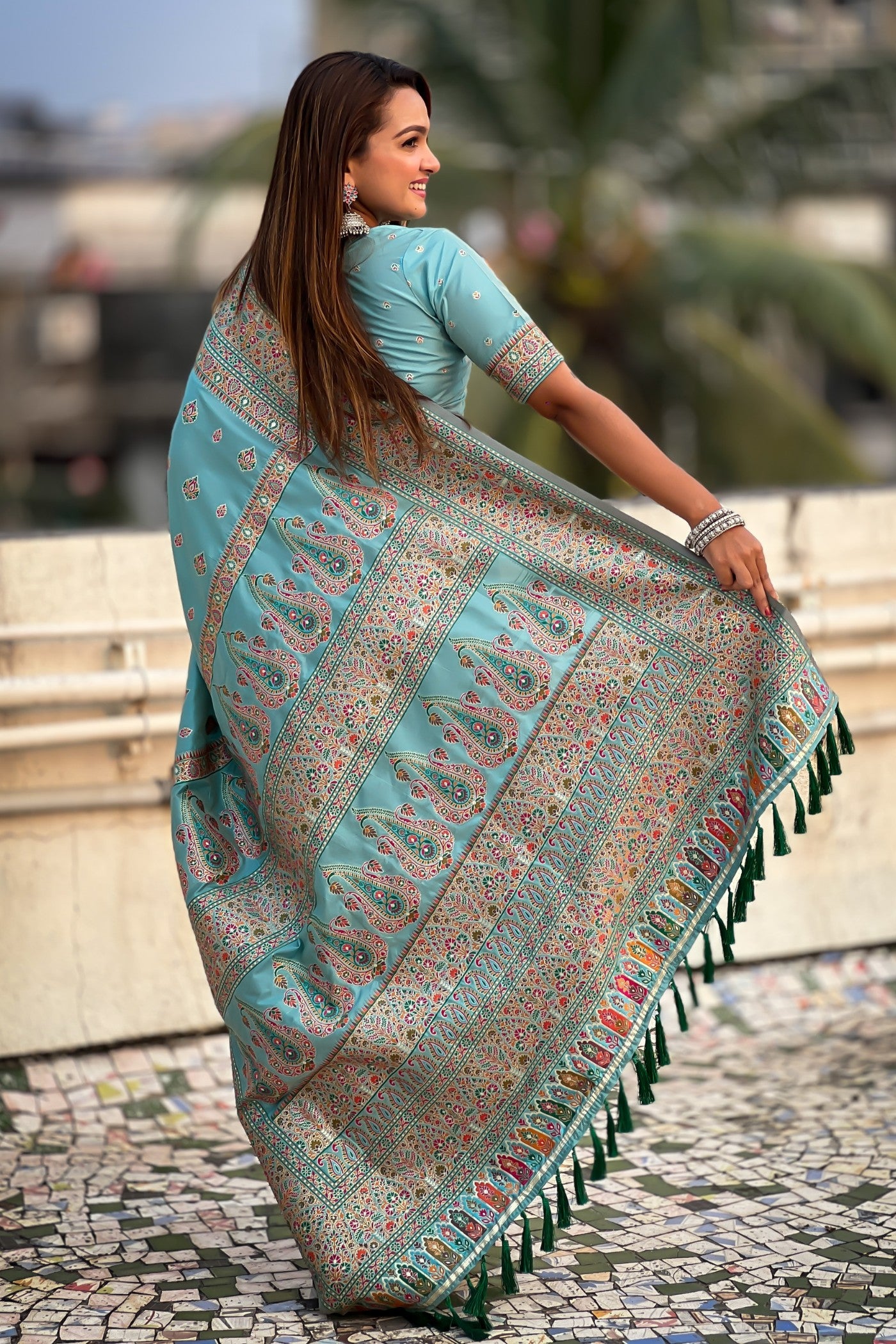 Buy MySilkLove Sky Blue Kashmiri Jamewar Saree Online