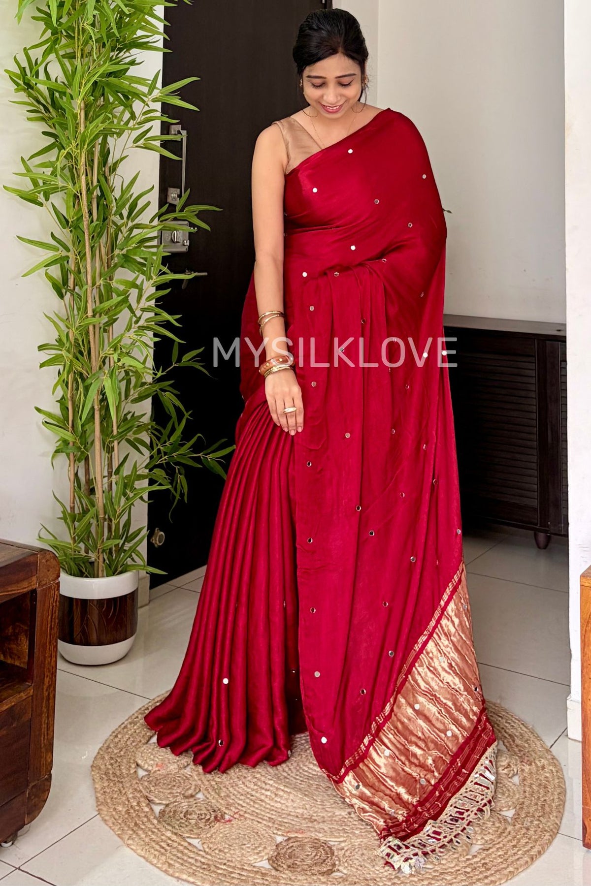 Buy MySilkLove Carmine Red Pure Gajji Modal Silk Mirror Work Saree with Lagdi Zari Pallu Online