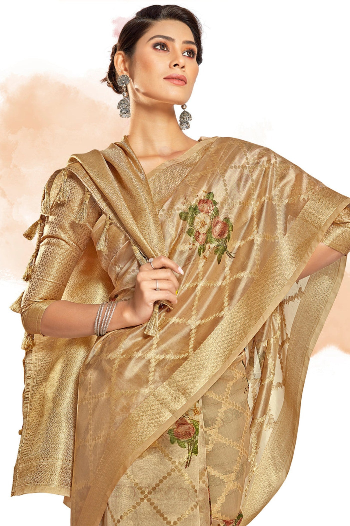 Buy MySilkLove Tussock Cream Digital Printed Banarasi Saree Online