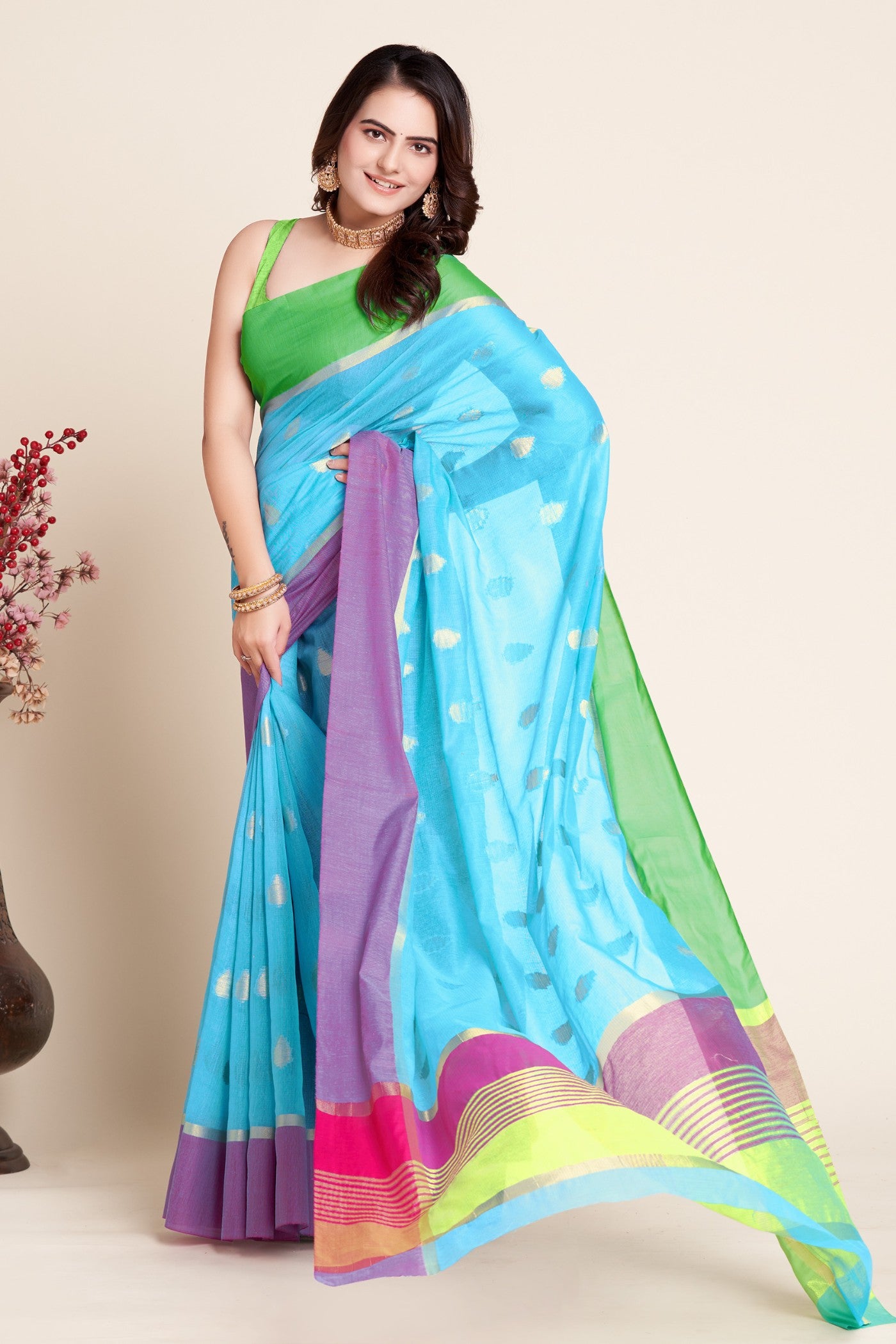 MySilkLove Painting Blue Woven Cotton Saree