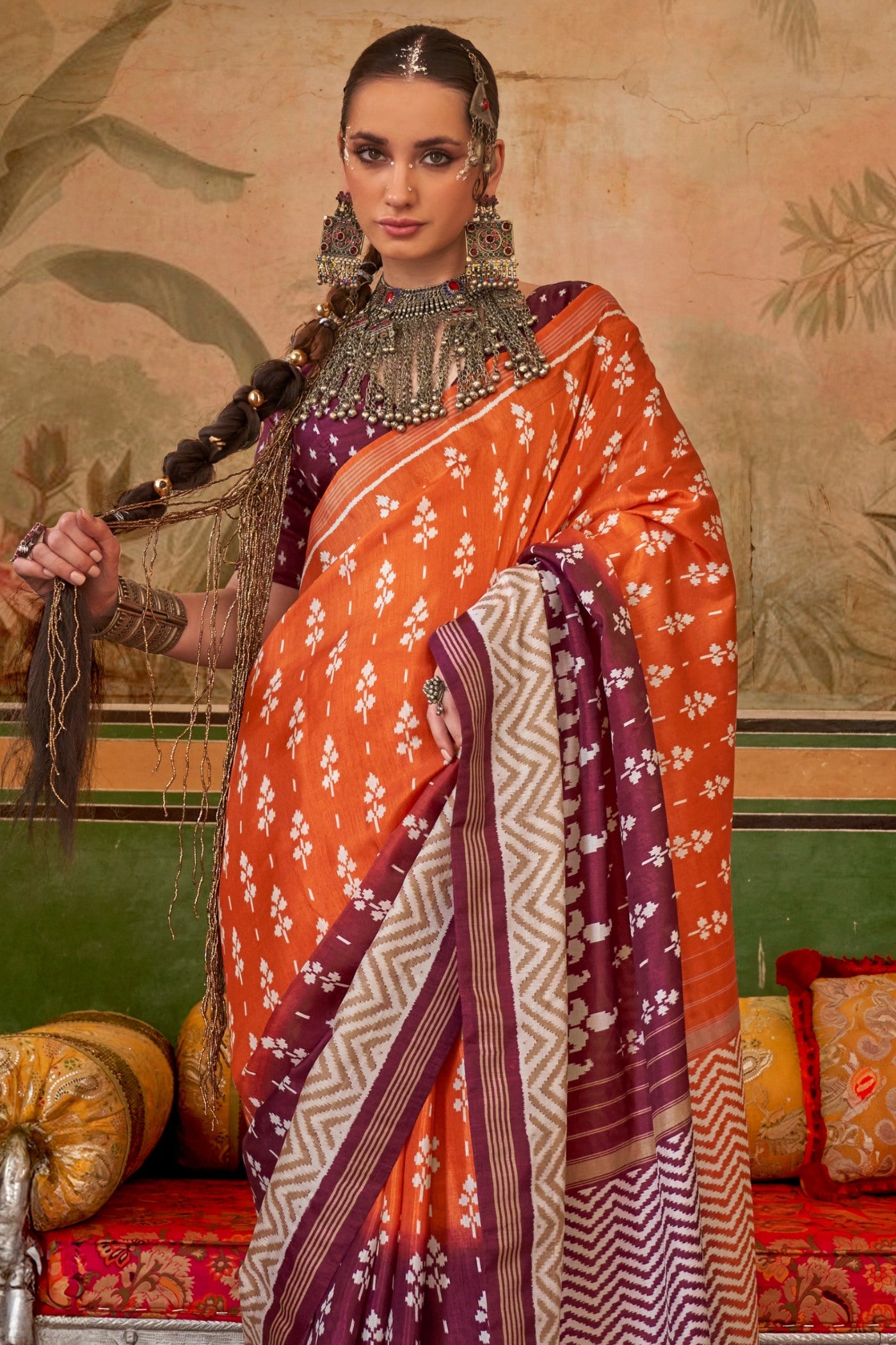 Buy MySilkLove Flamingo Orange and Brown Printed Patola Saree Online