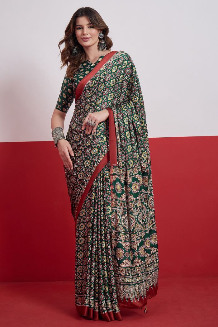 Buy MySilkLove Bottle Green Modal Ajrakh Satin Printed Mirror Work Saree Online