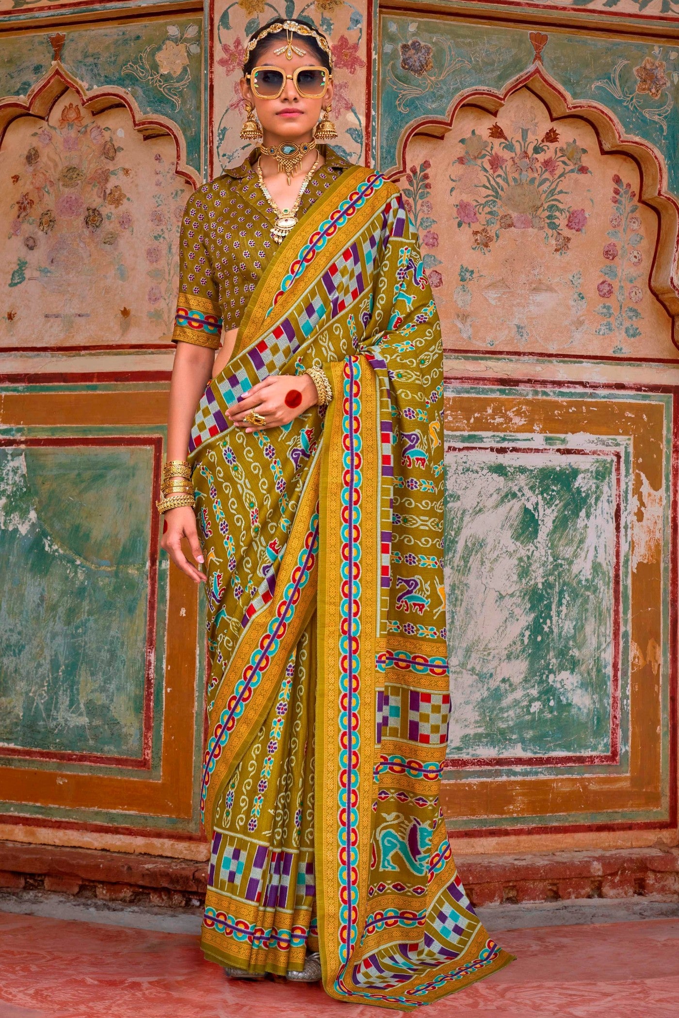 Buy MySilkLove Luxor Gold Green Printed Patola Saree Online