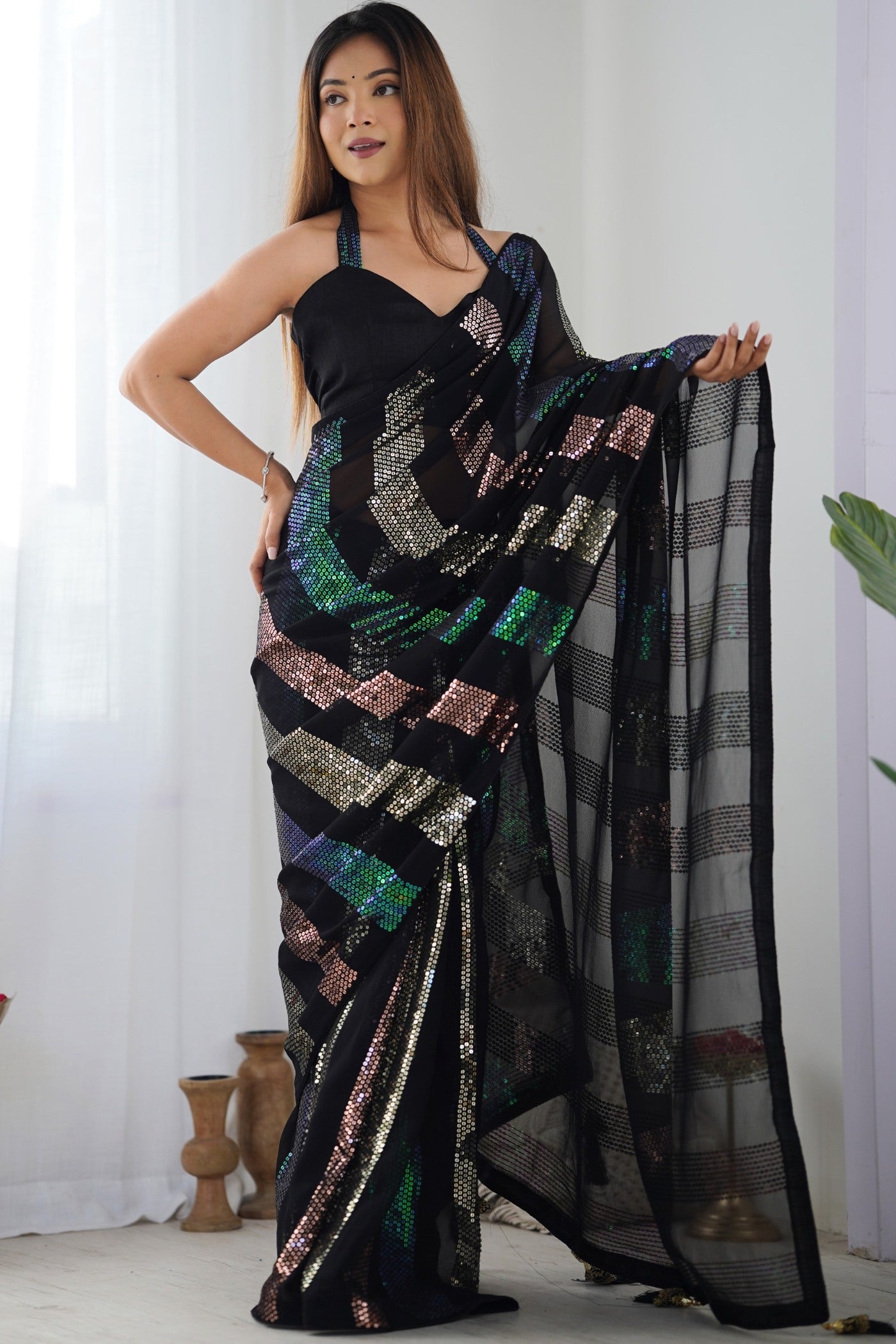 Buy MySilkLove Bitter Black Georgette Partywear Saree Online