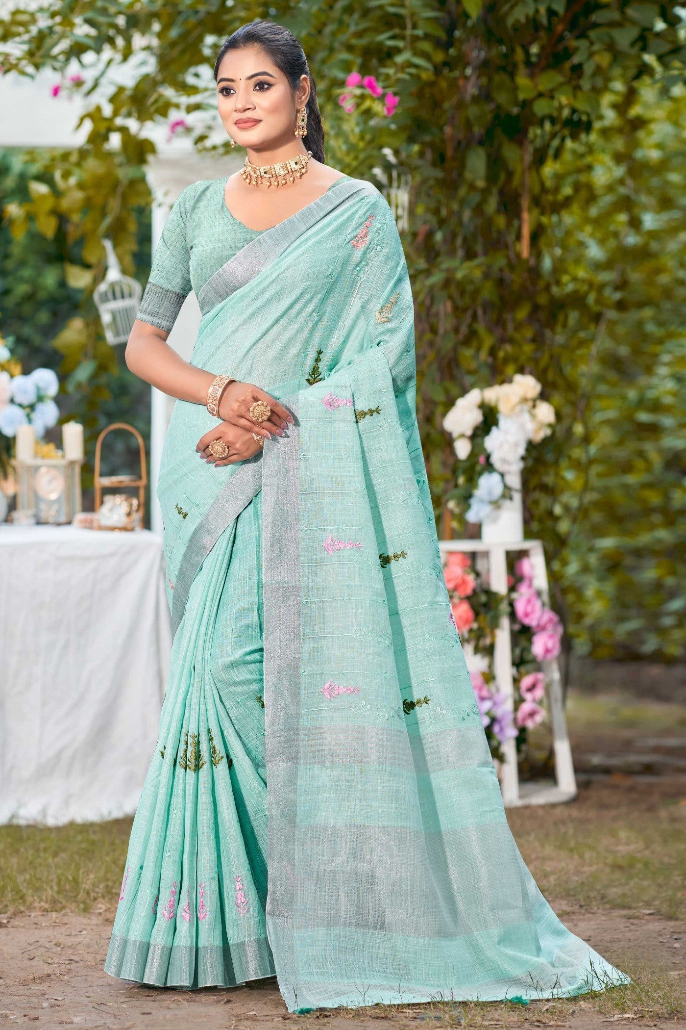 Buy MySilkLove Sky Blue Woven Cotton Linen Saree Online