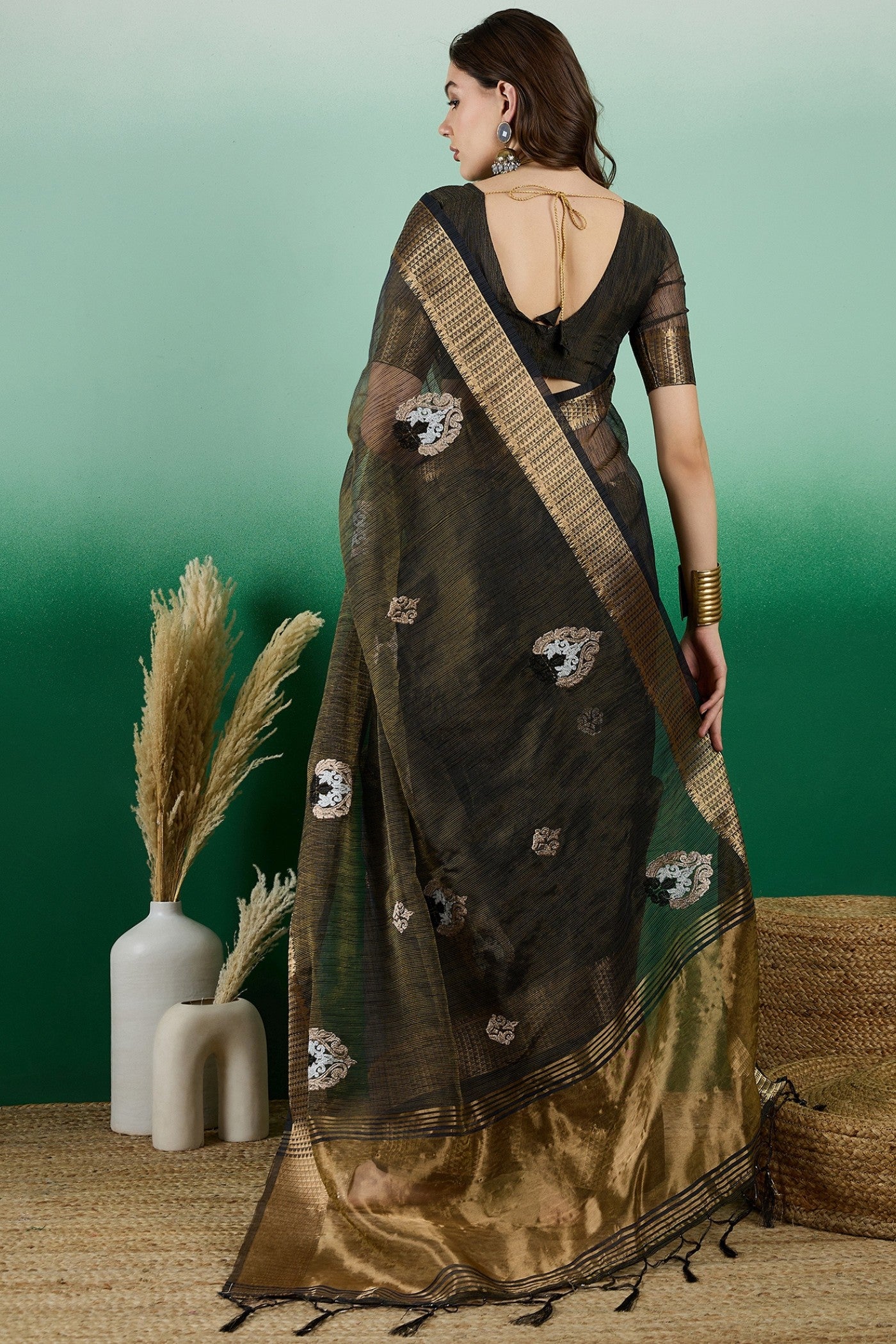 Buy MySilkLove Coral Black Khadi Organza Saree Online