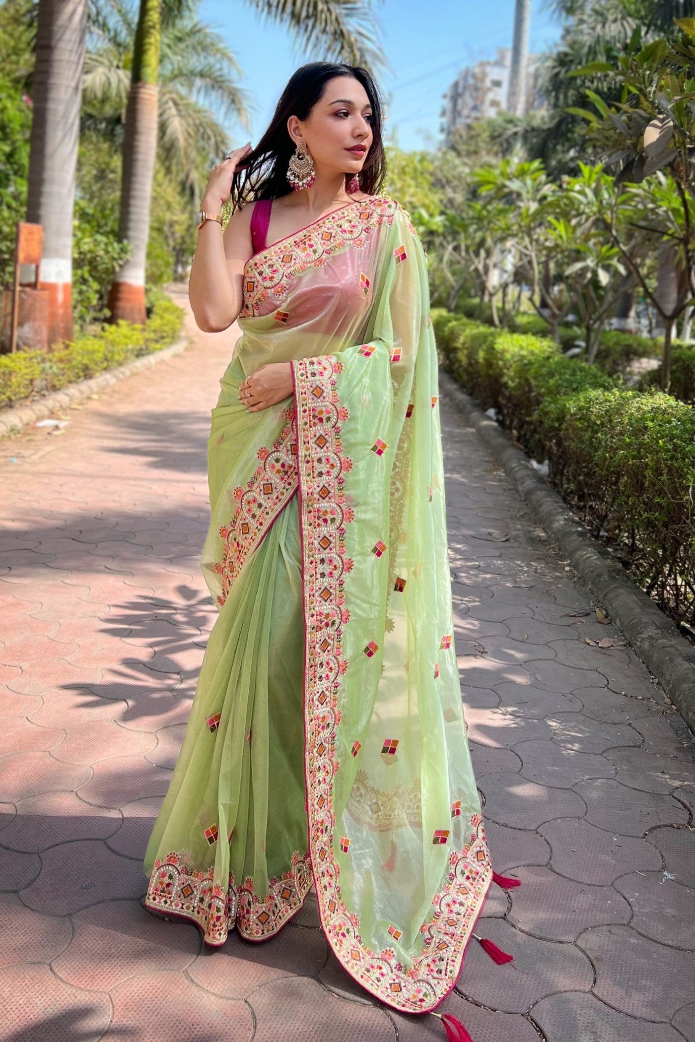 Buy MySilkLove Pista Green Embroidered Tissue Silk Saree Online