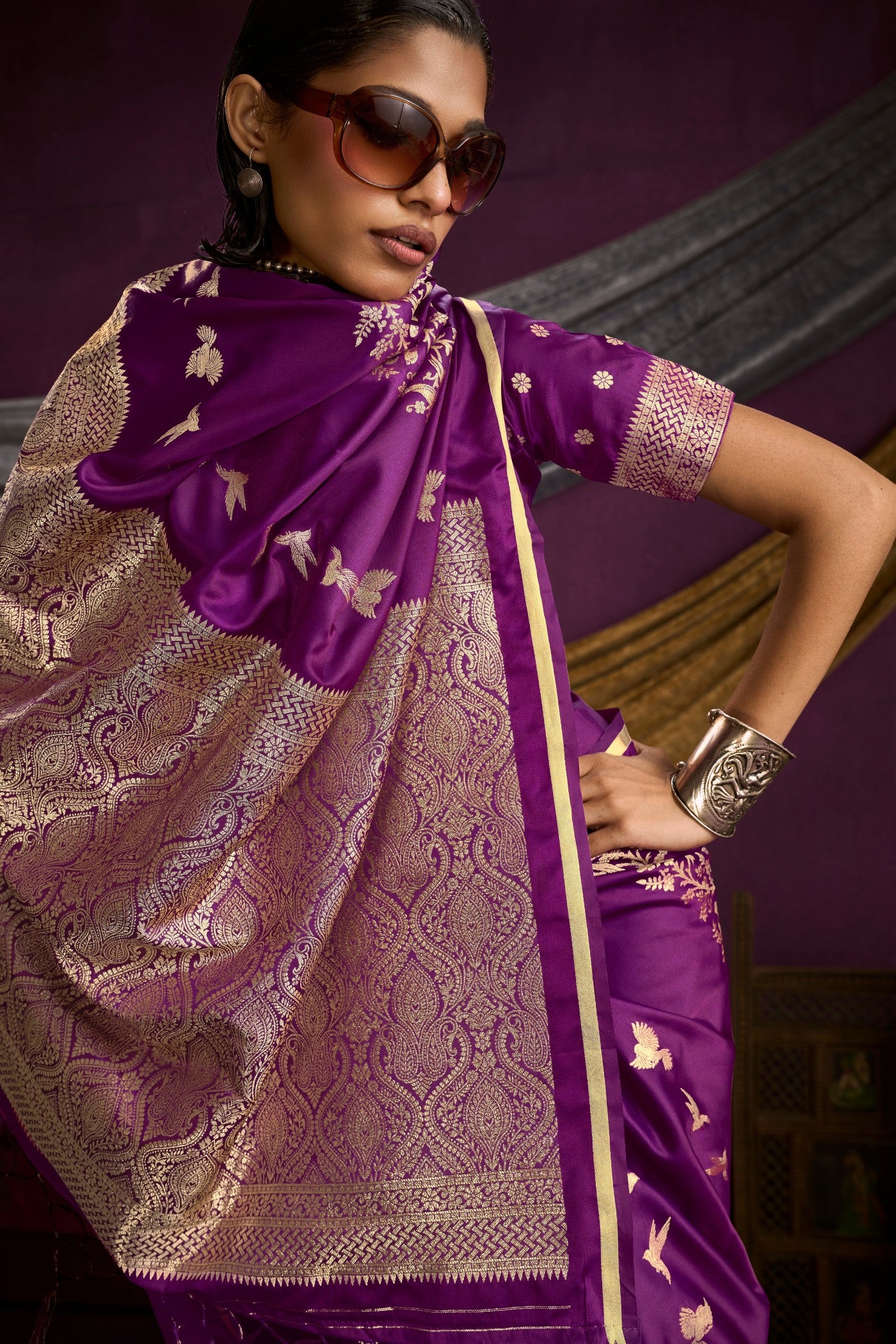 MySilkLove Violet Purple Handloom Satin Silk Saree