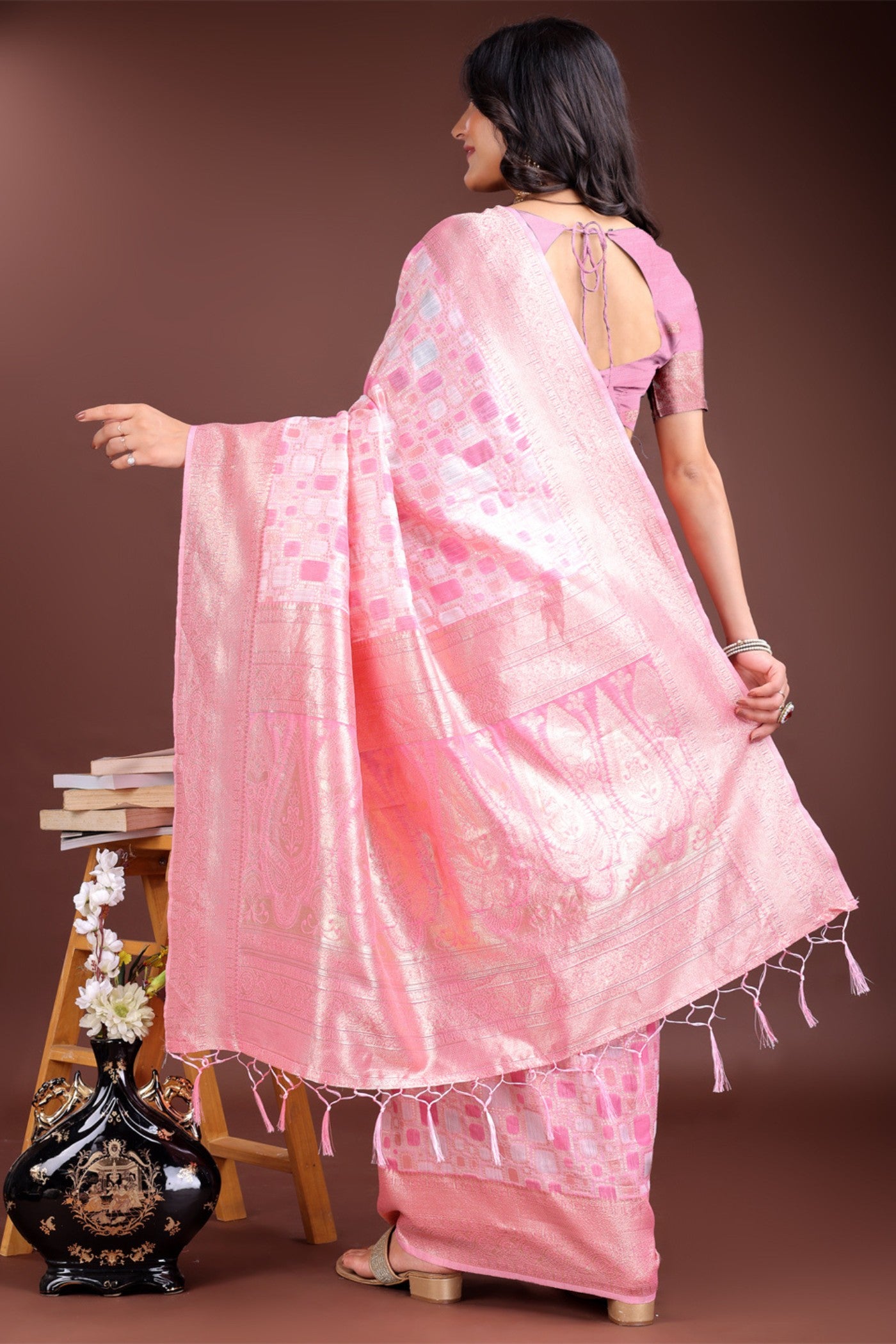 Buy MySilkLove Cherry Pink Woven Linen Cotton Saree Online