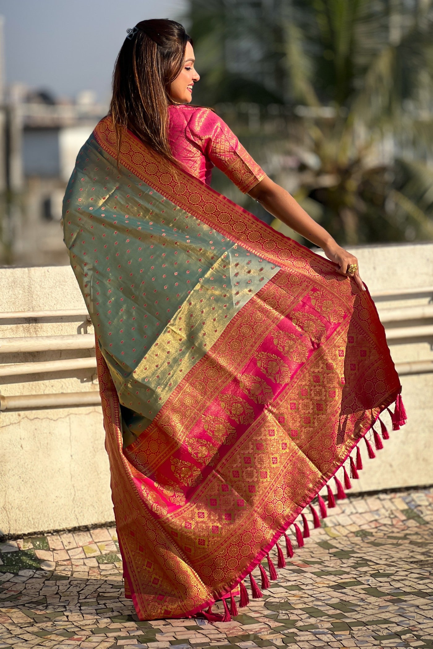 Buy MySilkLove Heathered Green Woven Banarasi Saree Online