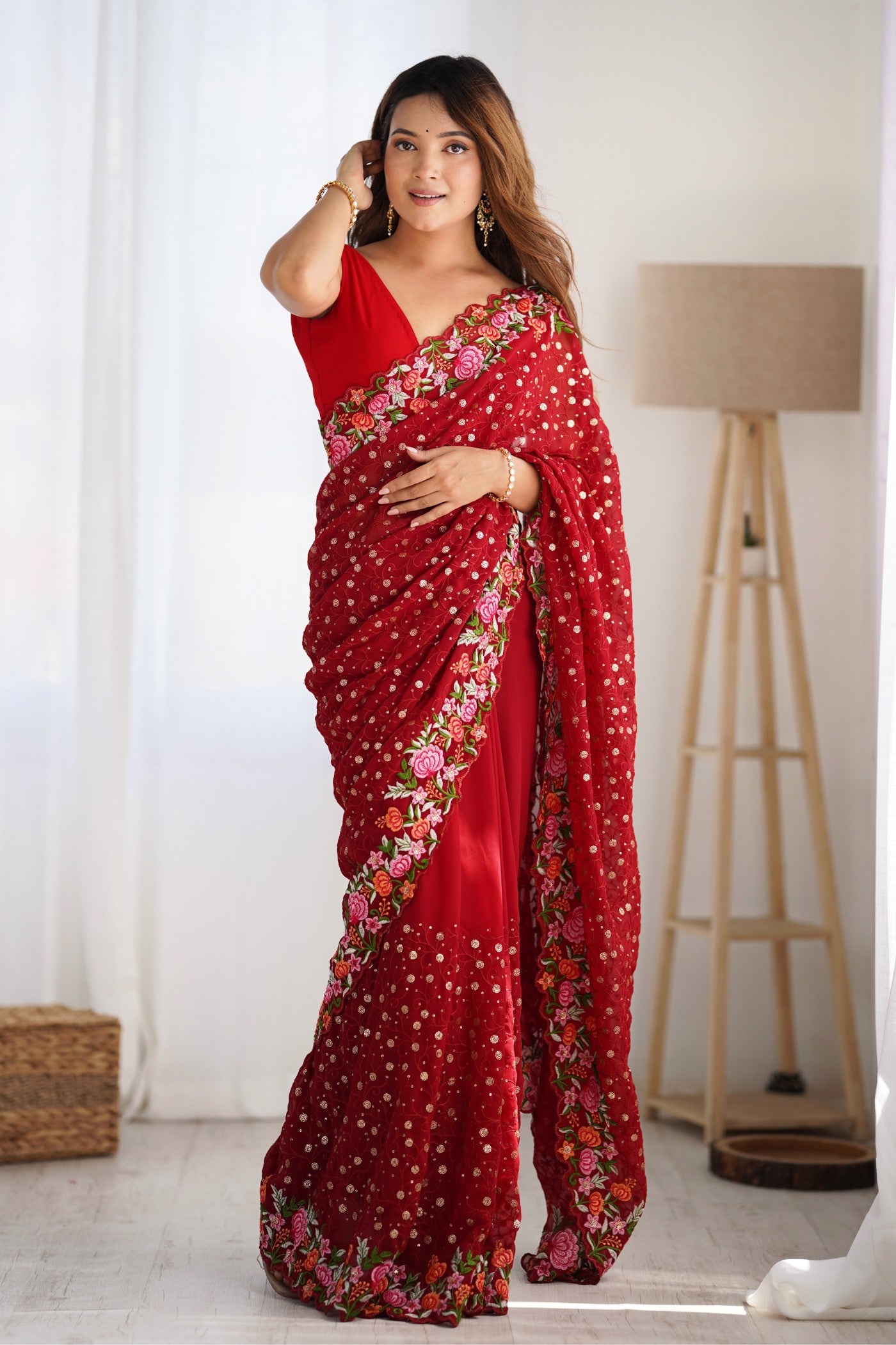 Buy MySilkLove Rose Red Embroidered Georgette Saree Online